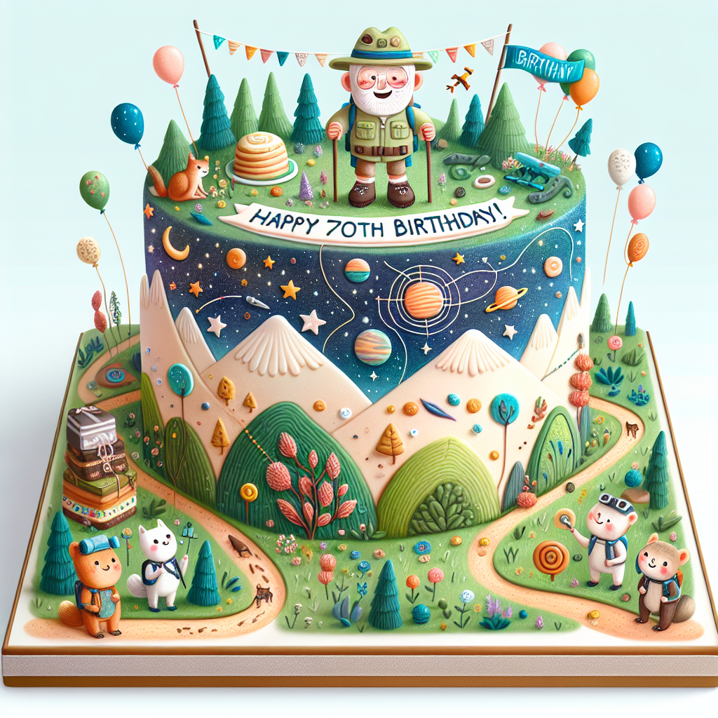 Illustrate a whimsical birthday celebration with an adventurous twist. In the center, feature a joyful, three-tiered cake adorned with a miniature figure of an elderly man outfitted in hiking attire. This cake's icing is decorated with edible, starry space patterns alongside tiny fondant planets. Surround the cake with playful, illustrated hills and trails, bustling with joyful woodland critters who are holding onto balloons and a banner that reads 'Happy 70th Birthday!'. The harmonious blend of outdoor and cosmic motifs represents the elderly man's enduring love for hiking and the vast cosmos he symbolically traversed over his long life.
Generated with these themes: Dad 70th hiking space cake .
Made with ❤️ by AI.