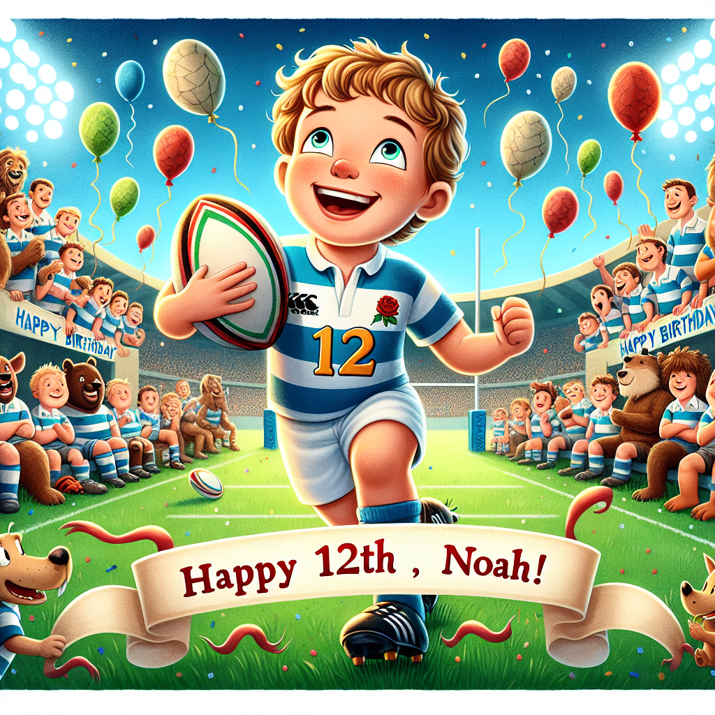 This sentimental illustration depicts an animated birthday scene featuring a jubilant rugby player named Noah, characterized by a wide smile and on the brink of scoring a try. He proudly wears a stylized '12' on his back, celebrating his twelfth birthday. The backdrop is lively with a gathering of amicable animal onlookers cheering for him from the boundaries of the field. Above, the sky is specked with balloons imitating the design of rugby balls. Integral to the scene is a banner extending from one end of the image to the other, inscribed with 'Happy 12th, Noah!', amplifying the personalized rugby-themed birthday festivities.
Generated with these themes: Noahs 12 birthday rugby player.
Made with ❤️ by AI.