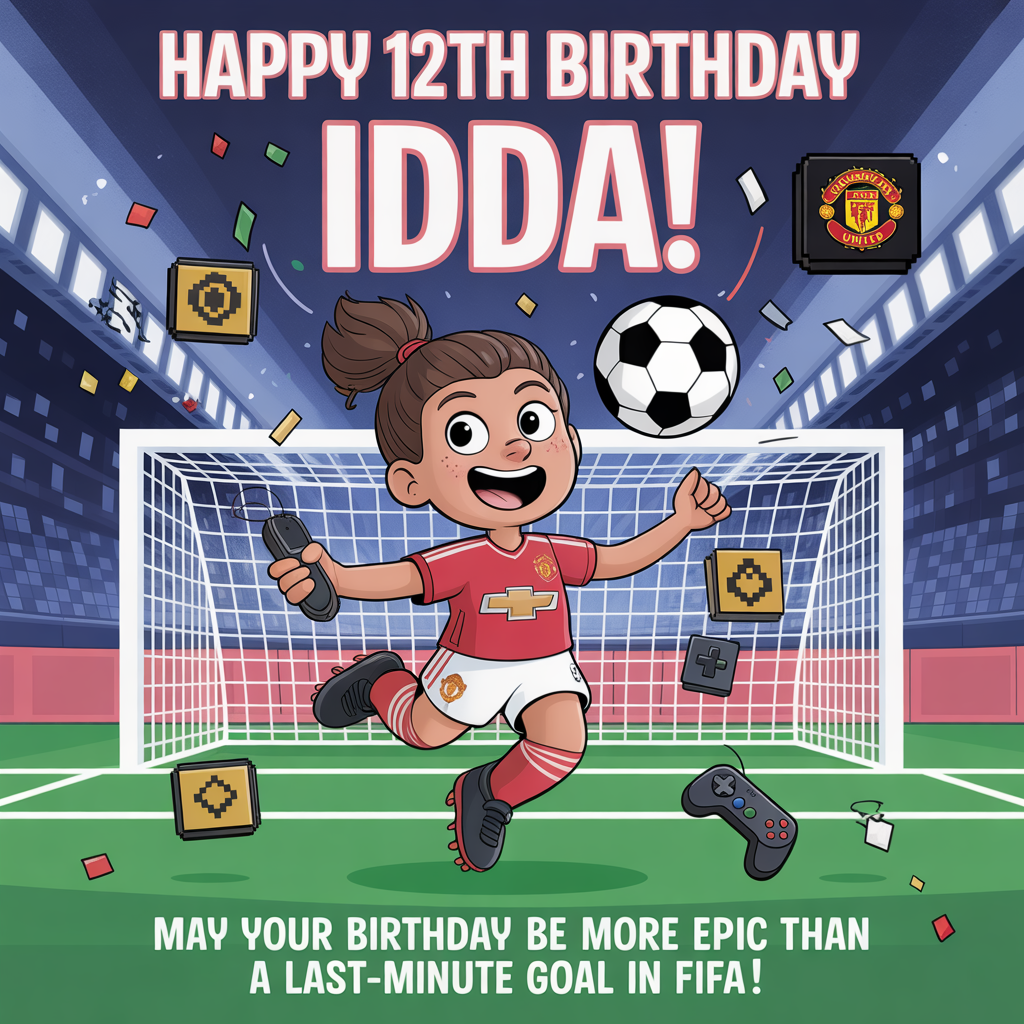 At the top of the image, "Happy 12th Birthday Idda!":

At the bottom of the image, "May your birthday be more epic than a last-minute goal in FIFA!"

- In the center of the image, illustrate a whimsical cartoon scene featuring Idda, dressed in a Manchester United jersey, juggling a football while holding a game controller. Surround her with pixelated gaming icons and a goal net with confetti in the air to celebrate the big win. Use shades of blue and red to capture the energy and excitement of the moment.
Generated with these themes: Football, Blue, The Mens Man United team, Gaming, FC25, and .
Made with ❤️ by AI.