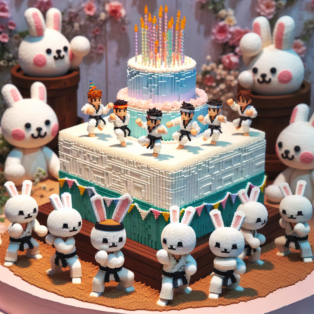 A charming birthday tableau that sparks the imagination, featuring figurines that resemble agile martial artists wearing festive hats, caught in the act of celebration. The setting is an intricately cubic, pixel-style landscape, akin to the aesthetics of certain sandbox video games. Surrounded by soft, adorable creatures resembling rabbits striking poses around a large, decorated birthday banner that stretches across the top of the scene. The immediate focus is a noticeably large, intricately adorned birthday cake. The cake icing takes on a pixelated texture similar to digital sandbox games, and is crowned with miniature figurines of martial artists and rabbit characters.
Generated with these themes: Ninjago , Minecraft , and Bunnies .
Made with ❤️ by AI.