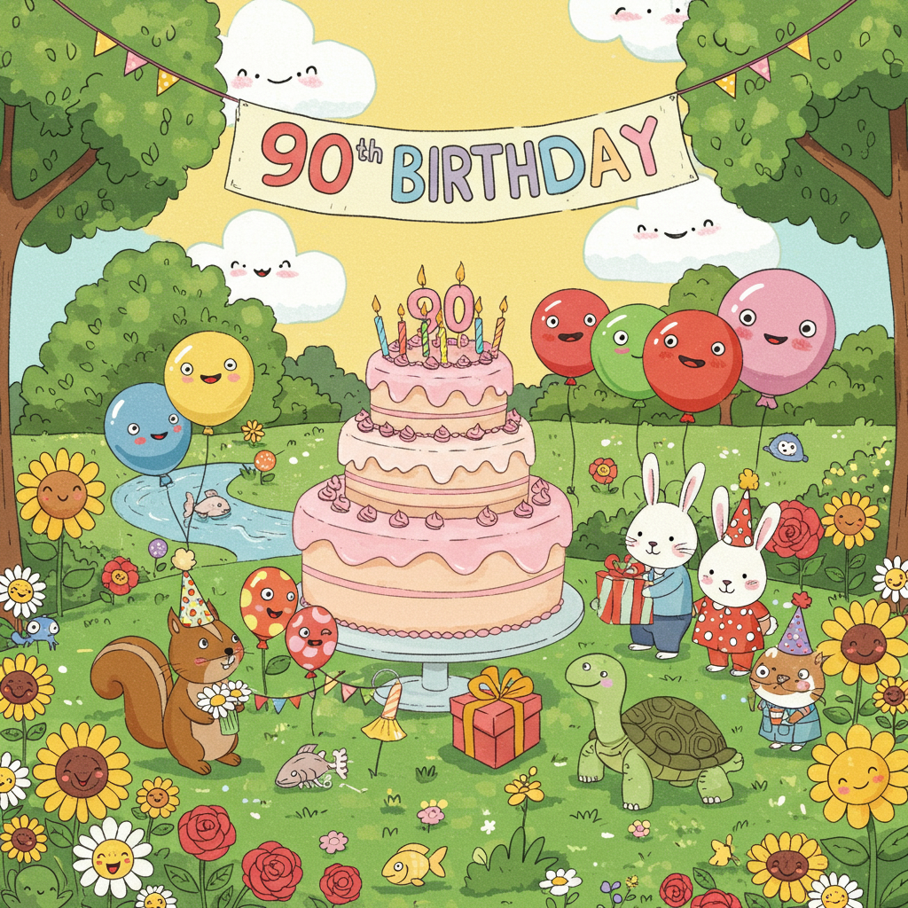 In the vibrant scene, picture a bustling garden party where everything is magnified with joyful exaggeration. The backdrop is a sunny, cloud-dotted sky with fluffy white clouds shaped like whimsical flowers. A gigantic, colorful banner flutters high above, strung between two cartoonishly tall trees with exaggerated leaves. The banner reads "90th Birthday" in bold, playful letters that resemble twisting balloons, their hues a mix of vibrant pink, sky blue, and sunny yellow.

At the center, a colossal three-tiered birthday cake towers with gleeful splendor. Each tier is covered in pastel pink frosting, adorned with oversized, polka-dotted candles, bending and twisting as if caught mid-dance. Tiny cartoon flowers, with large, friendly faces and exaggerated petals, sprout cheerfully from the cake's sides, seeming to nod in the gentle breeze.

Surrounding the cake are clusters of buoyant balloons in all imaginable colors—electric blues, bright reds, and vivid greens. Each balloon is personified with a pair of googly eyes and a wide, cheerful grin, bobbing merrily as if part of the celebration.

In the foreground, an assortment of cartoon animals dressed in festive party hats gather around. A squirrel with oversized cheeks holds a garland of vibrant daisies, a pair of rabbits in suspenders eagerly clutch a gift-wrapped box with exaggeratedly large bows, and a tortoise wearing comically large glasses stretches its neck to peek at the cake.

The ground is a lush carpet of grass dotted with oversized cartoon flowers—sunflowers with smiling faces, daisies with playful polka dots, and roses with petals shaped like soft, swirling spirals.

In the background, a stylized, winding stream flows with exaggerated ripples and gentle cartoon fish that pop their heads above the water, wearing tiny, pointy party hats.

The entire scene is framed by vibrant, wavy lines reminiscent of a dynamic comic strip, with each element outlined boldly to accentuate the playful chaos of the grand 90th birthday celebration.
Generated with these themes: 90th Birthday , Flowers , Cake , and Balloons .
Made with ❤️ by AI.