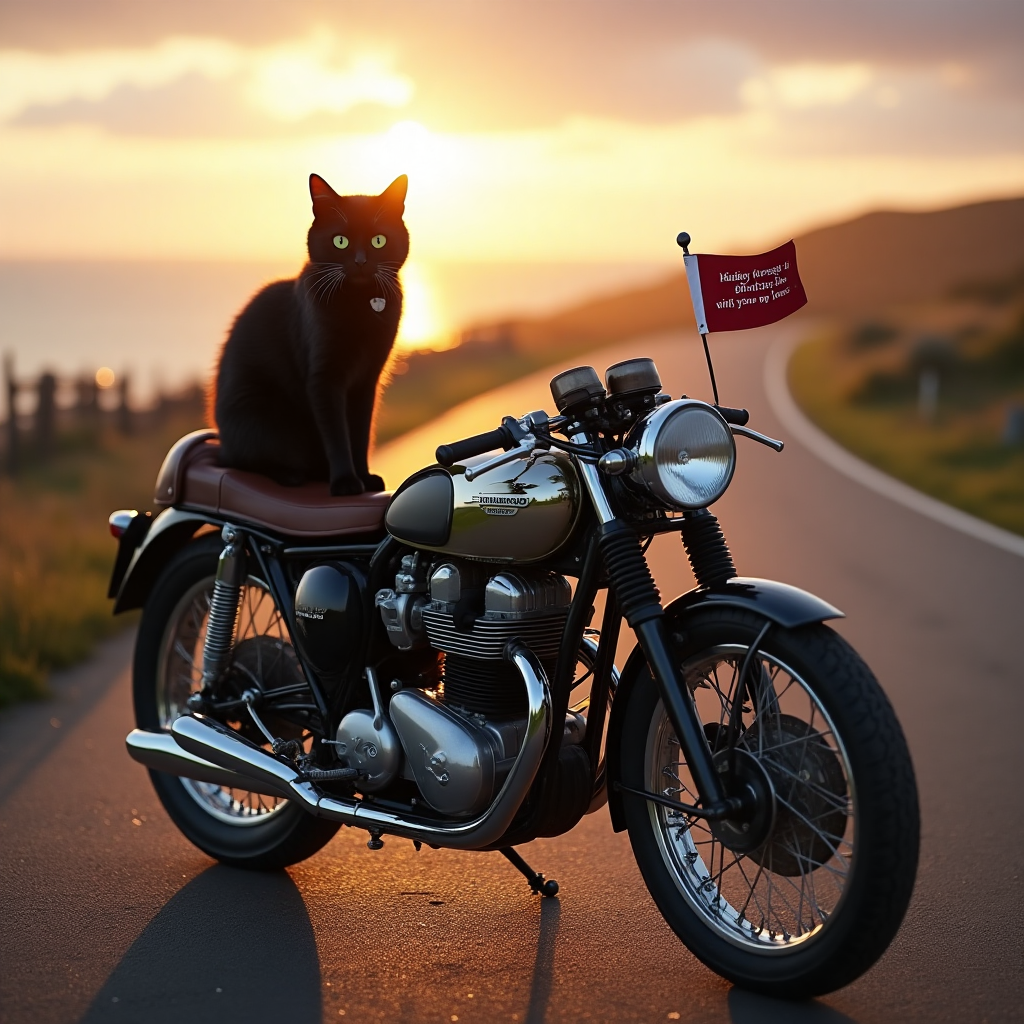 At the top of the Photorealistic picture taken from a camera image, "Happy Anniversary to my husband Gary"

---

**Scene Description:**

Imagine a picturesque scene on the iconic Isle of Man TT course, bathed in the golden glow of a setting sun. In the foreground, a sleek vintage motorbike stands proudly, its chrome gleaming under the warm light. Perched charmingly on the leather seat is a fluffy black cat, its green eyes gazing curiously into the camera, exuding an air of adventure and curiosity.

The background captures the winding roads of the Isle of Man, with a hint of the ocean's horizon in the distance. The sky above is painted with hues of orange, pink, and purple, creating a dreamy and romantic ambiance.

To the right of the motorbike, a whimsical detail adds a touch of humor: a small flag attached to the bike's handlebars with a heartwarming caption that reads, "Riding through life with you, my love."

The composition is captured in ultra-high-definition 4K, highlighting every texture, from the sleek motorbike's polished surfaces to the softness of the cat's fur, with perfect lighting and depth of field that brings this heartwarming anniversary scene to life.
Generated with these themes: Motorbikes, Black Cat, Isle of Man TT , and .
Made with ❤️ by AI.