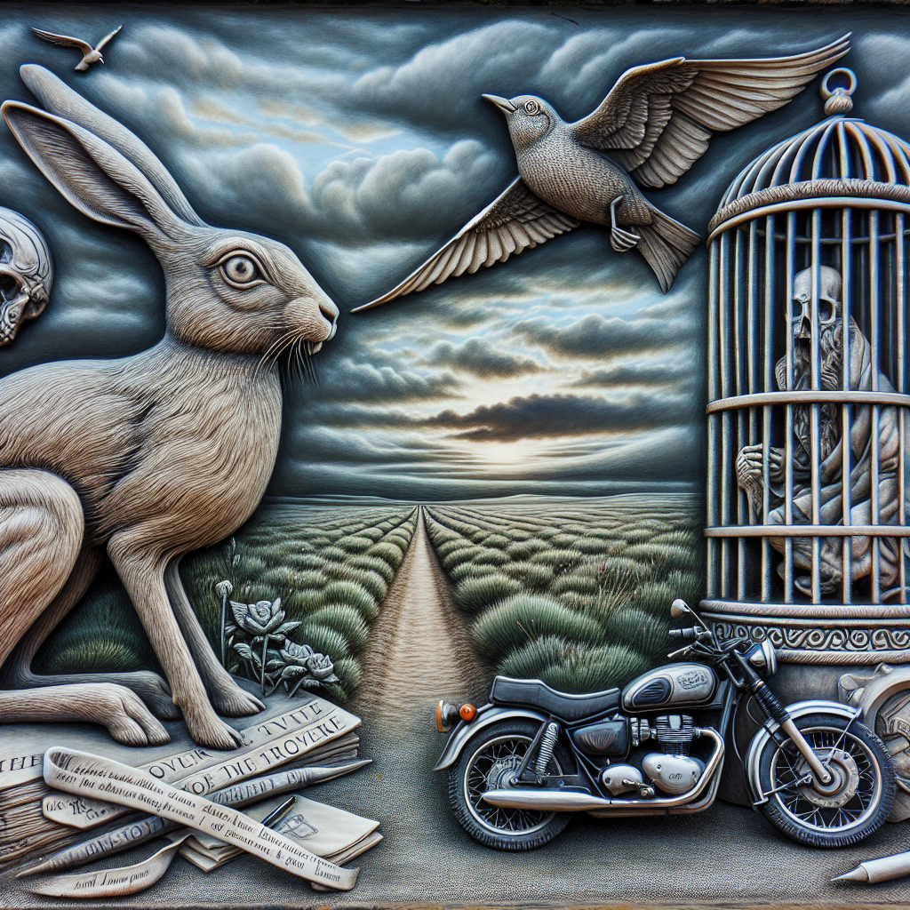 Visualize a poignant and somewhat realistic remembrance. At the heart of the image is an intricately carved hare, symbolizing agility and quickness. Adjacent to it, a caged bird peers up at the sky, embodying the spirit's yearning for freedom. Nearby, a motorcycle rests against a background of vast open roads, invoking memories of past adventures and the allure of travel. Surrounding this tableau are symbols that subtly signify the passage of time and the paths taken, each marking unique stories of love and companionship.
Generated with these themes: Hare, Bird, Motorbike, and Travelling.
Made with ❤️ by AI.