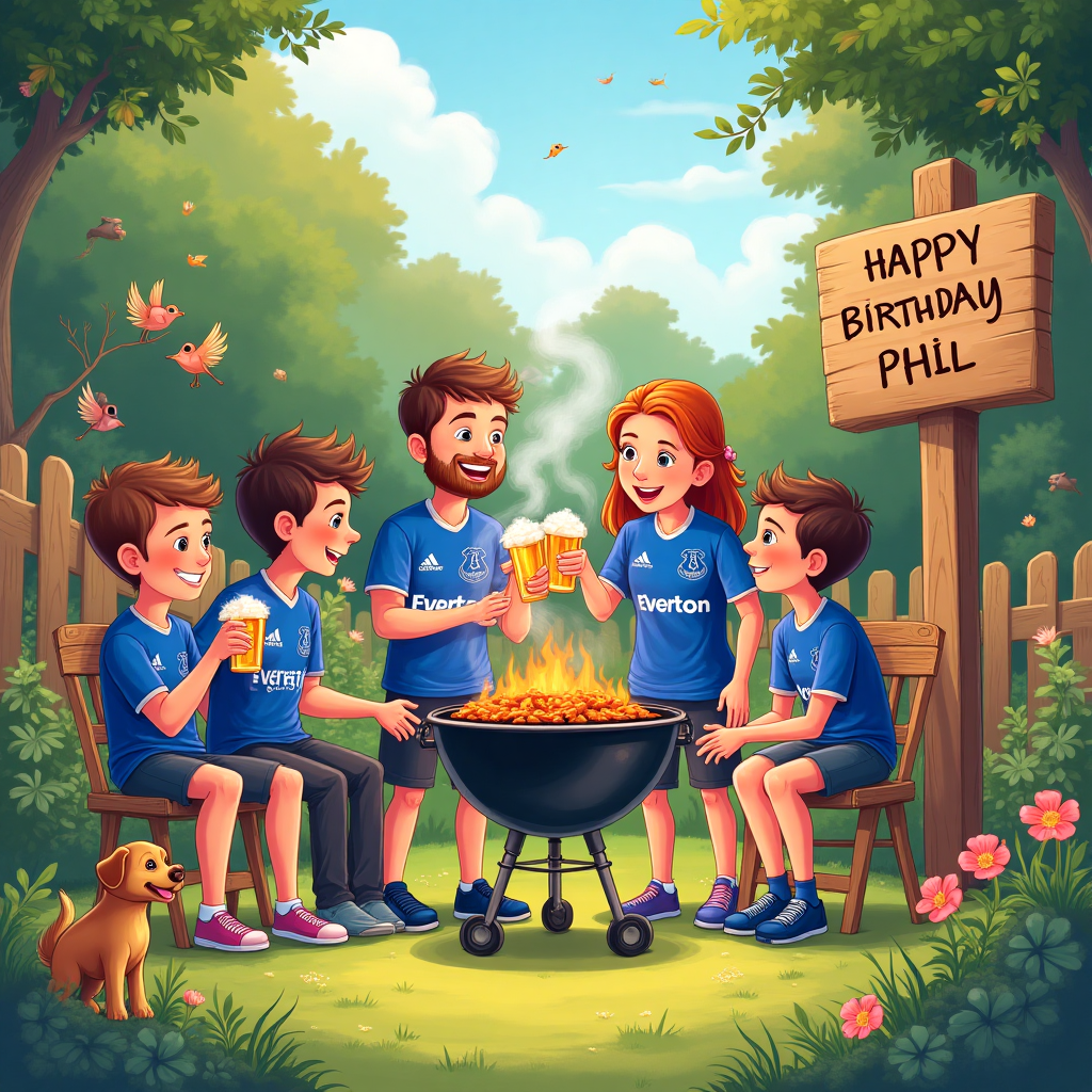 At the top of the Illustration Style image, include the text: "Happy Birthday Phil".

**Scene Description:**

Create a vibrant and heartwarming scene set in a cozy garden during a sunny afternoon. The centerpiece is a lively family BBQ gathering, where everyone is enjoying themselves. 

- In the foreground, capture a cheerful group of family members wearing Everton FC jerseys, clinking their beer bottles together in celebration.
- To the side, a grill is sizzling with delicious BBQ delights, sending enticing plumes of smoke into the air.
- The background should show a lush garden, dotted with colorful flowers and a few playful birds flitting about.
- Add a few charming details, like an Everton FC flag fluttering on a nearby pole, and a playful puppy tugging at someone's shoelace.

Textual Addition: On a wooden signpost in the garden, cheekily inscribe, "Another Year of Goals and Grills!" to add humor and tie the theme together.
Generated with these themes: Everton FC, bbq, garden, family, beer, and .
Made with ❤️ by AI.