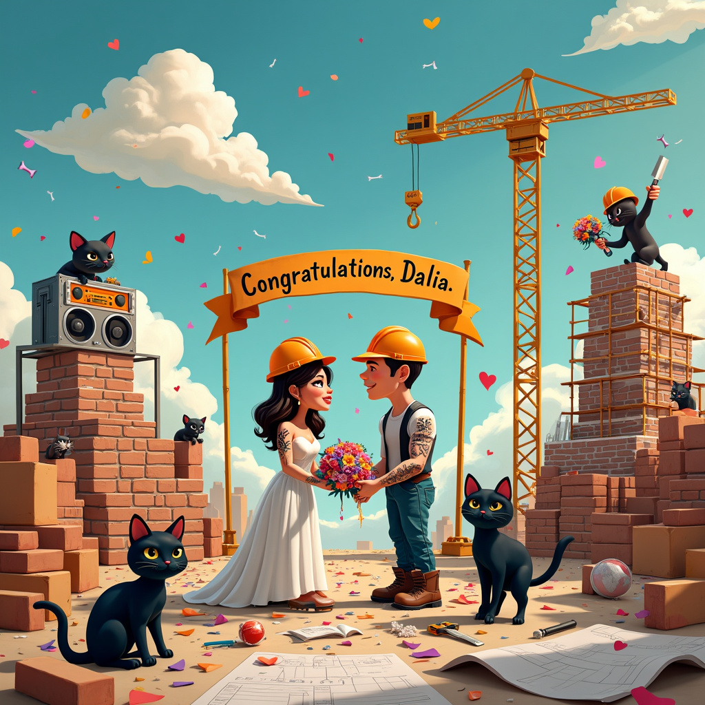 Imagine a vibrant wedding construction site, a quirky blend of chaos and celebration. At the center, a joyous cartoon couple, one of them sporting a large tattoo of a heart with “Dalia” inside it, stands before a whimsical altar made of scaffoldings and hard hats, exchanging vows. 

Flanking the couple are two cool black cats in miniature construction hats, holding tiny toolboxes. One cat has a miniature tattoo sleeve on its foreleg, featuring tiny paw prints and wrenches. Above the altar, an oversized crane swings a banner that reads “Congratulations, Dalia!” in bright, bold letters. 

To the left, a boom box playing 50 Cent’s “In Da Club” sits atop a stack of bricks, with musical notes dancing in the air around it. Nearby, a burly construction worker with tattoos peeking out from under his sleeves holds a bouquet of flowers, offering them to a blushing bridesmaid.

Behind the main scene, there's a half-built wedding cake tower, complete with scaffolding and construction workers adding finishing touches with trowels and plaster. A couple of mischievous cats are climbing the scaffolding, one wearing a tiny tattoo of a fishbone on its side.

The sky is a rich blue with fluffy clouds, one of which whimsically forms the word “Dalia” with a heart-shaped puff at the end. The ground is a lively mess of colorful confetti, tools, and construction blueprints, showing a plan for the perfect wedding day.

This scene is a delightful, bustling blend of construction, tattoos, black cats, and a nod to 50 Cent, celebrating Dalia’s special day in the most unique way possible!
Generated with these themes: Black cats, Black cats, Tattoos, Construction, and 50 cent.
Made with ❤️ by AI.