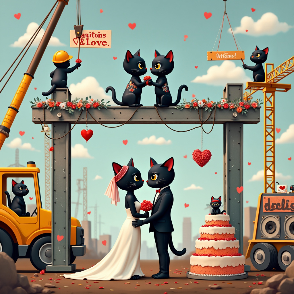 In the center of the wedding-themed greeting card, we have a whimsical construction site setting. The "altar" is a decorated steel beam suspended by a crane, festooned with ribbons and flowers. The bride and groom, two delightfully charming black cats, are adorned in tiny tuxedo and wedding dress tattoos, their little arms around each other.

On the left side of the scene, a tattoo artist (who happens to be a black cat with a bandana and a tiny tattoo gun) is putting the finishing touches on a heart tattoo on a steel girder that reads, "Dalia & Love." On the right, a construction worker (another black cat, complete with a hard hat and tool belt) is balancing on a ladder, hammering a sign that says, "Congratulations, Dalia!" onto a scaffold.

Above the scene, a banner strung between two cranes reads, "Just Married," with confetti falling from the sky. In the background, you can see a mural of 50 Cent performing at the wedding, with little black cat fans gathered around holding up tiny signs that say "We love you, Dalia!" 

To the right, a whimsical DJ booth is set up with 50 Cent as a black cat DJ, wearing headphones and spinning records, with speakers adorned with hearts and music notes. A construction vehicle transformed into a makeshift wedding cake is parked nearby, the layers of the cake meticulously crafted with construction materials and adorned with black cat figurines.

The sky is filled with fluffy clouds, one of which spells out "Dalia" in a soft, billowy script. The entire scene is bursting with unique details: tiny construction tools, tattoo designs, and little black cats adding to the festive atmosphere. The combination of black cats, construction elements, tattoos, and a nod to 50 Cent makes this a wonderfully quirky and unforgettable wedding greeting card for Dalia.
Generated with these themes: Black cats, Black cats, Tattoos, Construction, and 50 cent.
Made with ❤️ by AI.