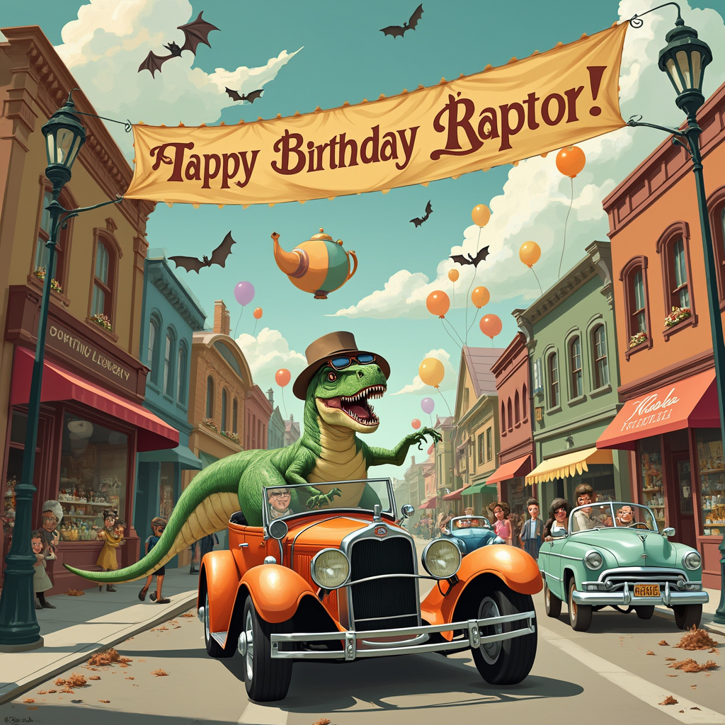 Imagine a lively, bustling street scene straight out of a fantastical vintage car rally, combining elements of whimsy and nostalgia. The main character of the scene is a charming, anthropomorphic dinosaur named "Raptor" who is enthusiastically driving a classic 1930s car with oversized wheels and a gleaming chrome grill, reminiscent of a vehicle from an N.C. Wyeth painting but with Quentin Blake's playful lines.

The car is decorated with vibrant, festive bunting in a Beatrix Potter-esque style, fluttering in the wind as Raptor cruises through the town. Raptor himself wears a jaunty cap and goggles, like a daring aviator from a Maxfield Parrish illustration, and his tail pokes out of the car window, swishing with excitement.

The street is lined with a series of quaint, Beardsley-influenced Edwardian shops, each one more charming than the last. There is a bakery with an elaborate window display of cakes, pies, and pastries, an apothecary with oversized jars and mysterious potions, and a toy store filled with Maurice Sendak-like fantastical creatures peering out from the windows.

Above the street, a large banner stretches across two lampposts that frame the scene, whimsically illustrated with Beardsley’s delicate line work. The banner reads "Happy Birthday Raptor!" in bold, playful lettering that appears as if it's written by Edward Gorey himself, complete with a few delightfully eerie bats fluttering around the edges.

To add another layer of fun, several other quirky characters are driving their own unique vehicles in the background. One car is shaped like a giant teapot with steam puffing out, another looks like a fish, and yet another resembles a giant, colorful bookmobile. Balloons of every color fill the sky, and one balloon carries a banner with "Raptor" written in large, swirling, cloud-like letters that seem inspired by the heavens in a Gustave Doré engraving.

Above it all, a few fluffy clouds and a cheerful sun smiling down on the scene add a final touch of whimsy, with the sun wearing oversized sunglasses and grinning as widely as Quentin Blake's characters often do.

This lively illustration tells a story of a joyful celebration in a town where anything is possible, capturing the essence of a fun and unforgettable birthday for Raptor.
Generated with these themes: cars.
Made with ❤️ by AI.