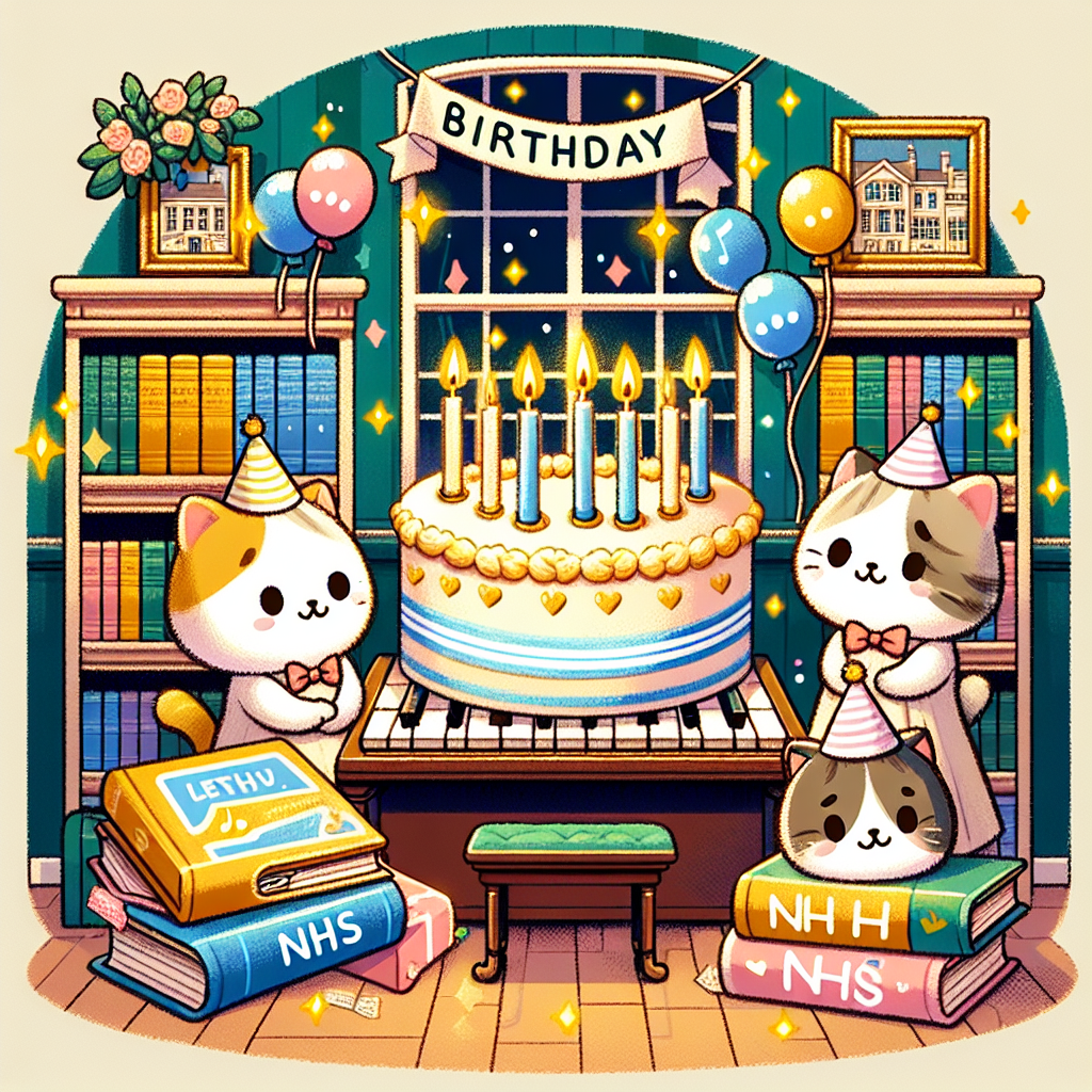 Create a picture presenting a delightful mix of cleverly integrated birthday elements with a Cute Cartoon style. The image depicts a backdrop of a cozy new house, its windows radiating a warm glow. On each side of a grand piano, which serves as a cake stand, lie books with covers similar to classic romantic novels. Each book is subtly integrated into the scene and complements the event's ambience. NHS symbols are tastefully incorporated into party decorations, such as on party hats or as part of the confetti. Two cute cartoon-style cats wearing party hats are included, playfully engaging in the surroundings, adding an overall endearing touch to the enchanting tableau.
Generated with these themes: Books bridgerton piano nhs new house two cats .
Made with ❤️ by AI.