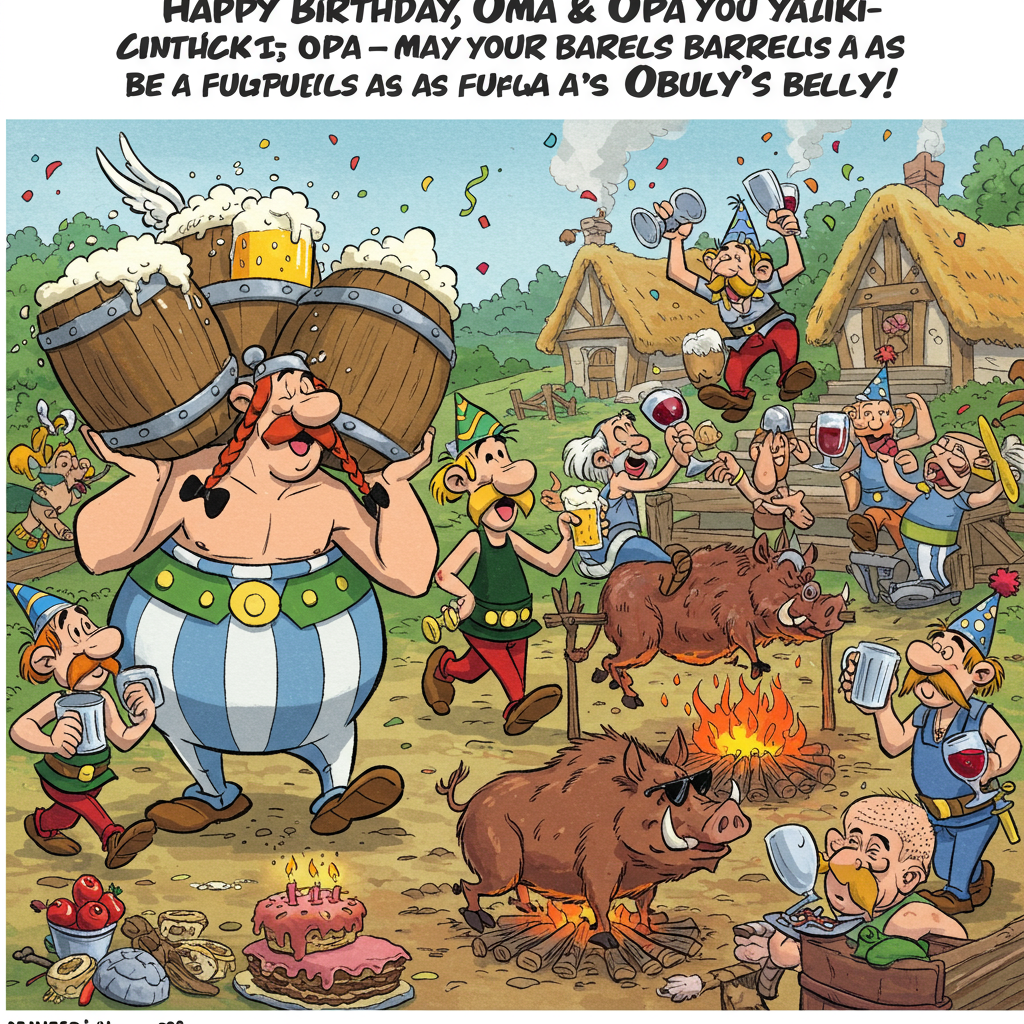 **Prompt for AI Image Generation (Cartoon Style, Funny Birthday Theme):**

At the top of the cartoon image:  
**“Happy Birthday, Oma and Opa — May your barrels be as full as Obelix’s belly!”**

**Image Description:**  
A hilarious cartoon scene in the style of classic Asterix comics. Obelix is joyfully carrying two giant barrels — one filled with beer and the other with red wine — grinning ear to ear, while Asterix sits on a wild boar roast with a party hat, holding a glass in each hand. Oma and Opa (drawn as honorary Gauls) are at the center of the party wearing celebratory laurel wreaths, looking delightfully surprised as villagers dance around a bonfire, singing and drinking. Confetti rains down and a boar on a spit wears sunglasses. Everyone is in full celebration mode, complete with ridiculous facial expressions and toasting in mid-cheer. The vibe is light-hearted, exaggerated, and cheerfully chaotic — full-on Gaul-style birthday madness!
Generated with these themes: Astrid and obelix with beer and wine.
Made with ❤️ by AI.
