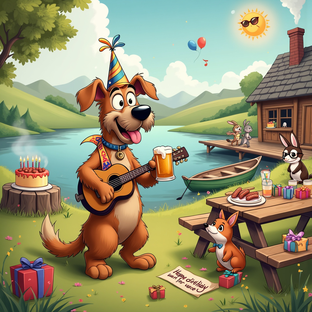 In the foreground of our cartoon birthday scene, a jovial Alsatian dog named Otto stands upright on his hind legs, holding a frothy mug of beer in one paw and a guitar in the other. Otto wears a colorful party hat tilted jauntily on his head and a sash that reads "Birthday Boy." His expressive eyes are wide with excitement, and his tongue lolls out in a playful manner.

Behind Otto, there's a picturesque representation of the Lake District, with rolling green hills and serene lakes. On one side, there's a charming wooden dock stretching out into a crystal-clear lake, with a small rowboat tied to it. The boat has a whimsical touch with balloons tied to its oars and a small banner that reads "Happy Birthday!" fluttering in the breeze.

To the right of Otto, there's a rustic wooden picnic table set up with various party treats: a large birthday cake adorned with candles, a platter of sausages (a nod to Otto's canine preferences), and mugs of beer, all meticulously detailed. Scattered around the table are presents wrapped in colorful paper with oversized bows.

In the background, there's a cozy cabin with smoke gently curling from its chimney. The cabin has a whimsical, almost storybook design, with curved roofs and tiny shuttered windows. A few cartoonish birds, reminiscent of those seen in early Disney films, flutter around the chimney, adding an animated touch.

On the left side of the scene, a group of Otto’s friends – a mix of anthropomorphic animals including a dapper rabbit in a bow tie, a hedgehog with glasses strumming a tiny guitar, and a fox wearing a monocle – are seen dancing and playing musical instruments. The guitar-playing hedgehog, in particular, mirrors Otto’s enthusiasm, and their musical notes are depicted as vibrant, colorful swirls floating in the air.

Overhead, a bright, clear sky with fluffy white clouds forms the backdrop, with a cheeky sun wearing sunglasses peeking out from behind a cloud, winking down at the festive scene. A banner trailing from a passing cartoon airplane reads, “Cheers to Another Year!”

All these elements combine to create a lively, humorous, and detailed birthday scene that tells a delightful story, bursting with charm and quirky details inspired by the likes of Schulz, Disney, Watterson, and other greats.
Generated with these themes: Alsatian dog, Beer, Lake district, and Guitar.
Made with ❤️ by AI.