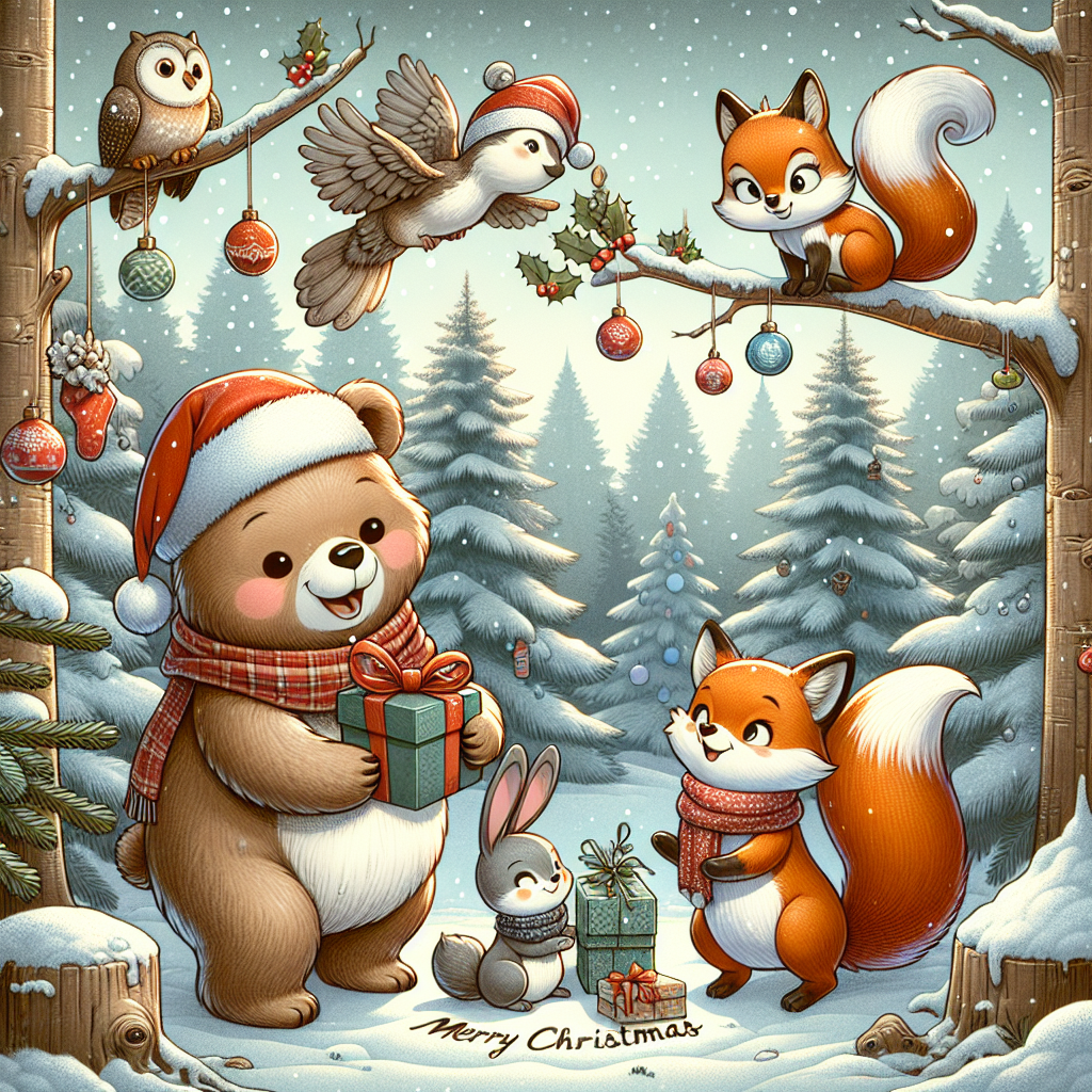 This cute Christmas-themed illustration features a group of playful animals exchanging gifts in a wintry forest clearing. A bear in a Santa hat hands a present to a delighted squirrel, a rabbit wraps a scarf around a fox, and a wise owl watches from above. Pine trees with hanging ornaments and a gentle snowfall create a traditional Christmas backdrop, while 'Merry Christmas' is etched into the snow on the forest floor.
Generated with these themes: Traditional Christmas .
Made with ❤️ by AI.