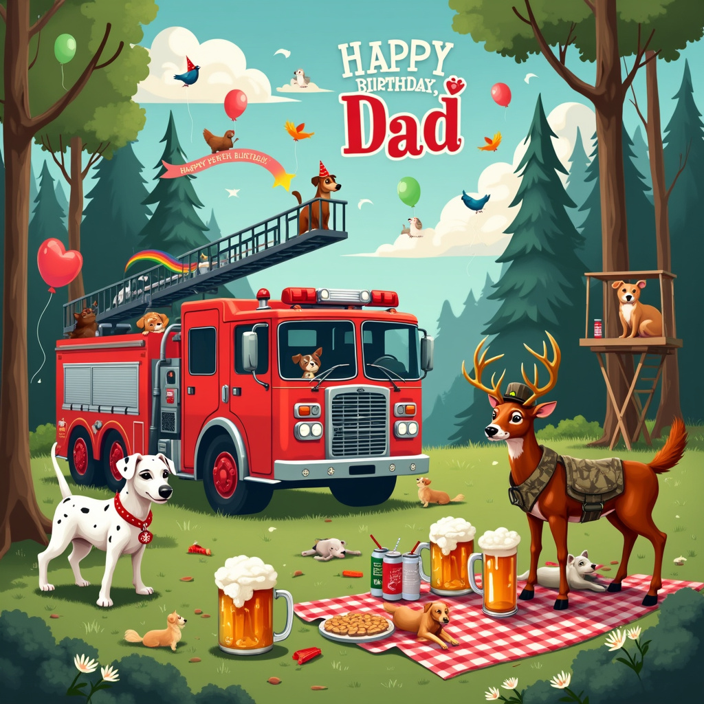 The scene is set in a whimsical woodland clearing with tall, lush trees surrounding the area. In the center of the scene, a vibrant red fire truck is parked, but it's not just any fire truck—this one has a playful twist. The fire truck is decorated with balloons and streamers, turning it into a festive centerpiece. The ladder extends high into the treetops, where a banner flutters with the words "Happy Birthday, Dad!" written in bold, cheerful letters.

Next to the fire truck, a group of dogs of various breeds are eagerly gathered, all wearing tiny fireman hats. One particularly mischievous Dalmatian is holding a hose that’s spurting out a rainbow-colored stream of water. 

To the right of the fire truck, there is a cozy picnic setup with a red-and-white checkered blanket spread out on the grass. The blanket is covered with an assortment of snacks, but prominently featured are several cans of beer, each labeled with quirky names like "Deer Draught" and "Hunter’s Ale." A couple of mugs are frothing over with beer foam, and one has a tiny umbrella sticking out of it.

Nearby, a majestic deer stands on its hind legs, mimicking a toast with a mug of beer clutched in its hooves. The deer is wearing a hunter's camo vest and a comically oversized hat that droops over its eyes. In the background, a few more deer are peeking curiously from behind the trees, some wearing party hats.

In the sky above, fluffy clouds spell out "Dad" with a heart-shaped cloud beside it. Birds are perched on the letters, adding an extra layer of charm to the scene. 

On the far left, you can see a hunting stand, but instead of being manned by hunters, it’s occupied by more dogs, each wearing binoculars and looking out as if they are on the lookout for any more birthday surprises.

This delightful, whimsical scene captures all the themes in a playful and detailed way, celebrating "Dad" with a unique and memorable birthday card.
Generated with these themes: Fire trucks, Dogs , Hunting , Deer, and Beer.
Made with ❤️ by AI.