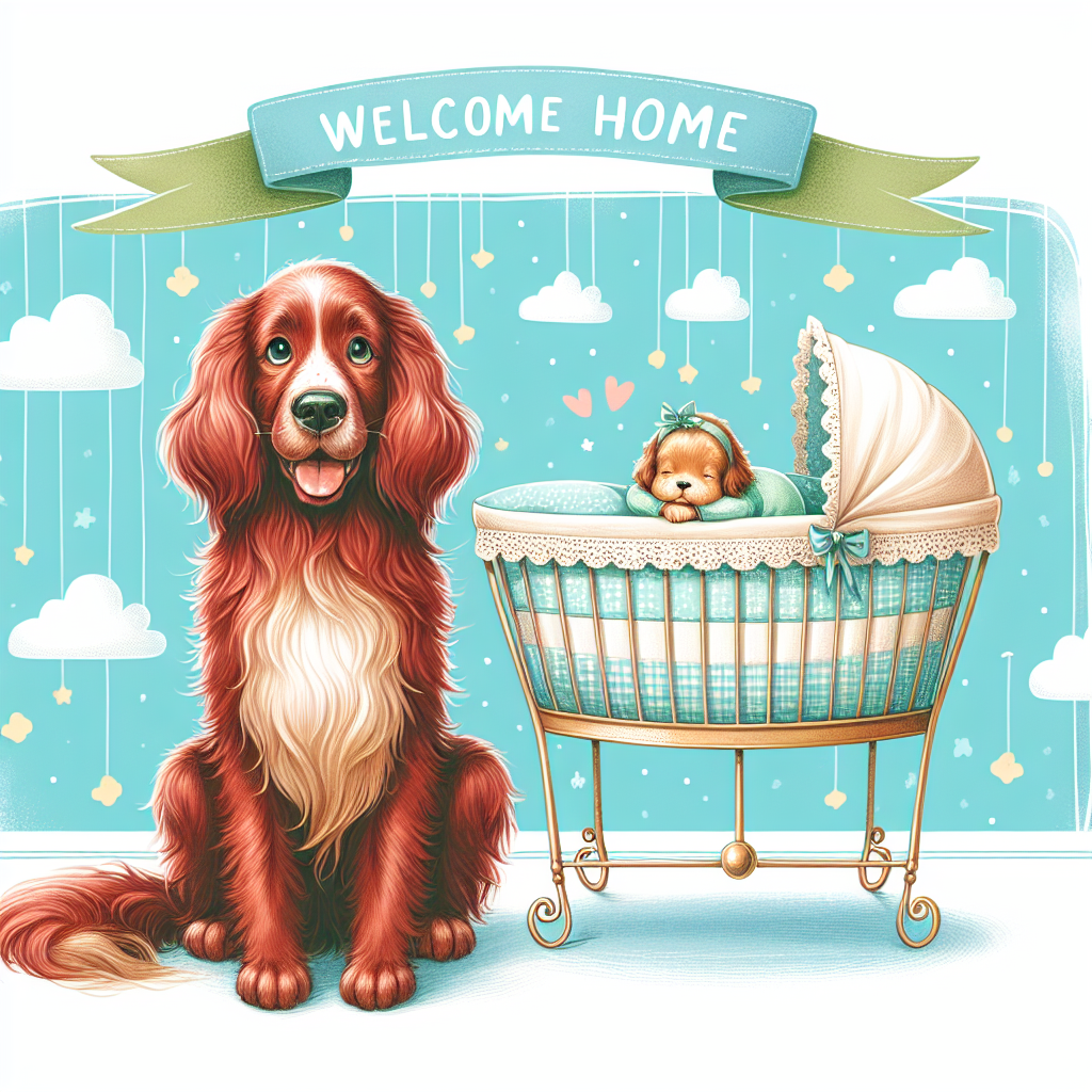 Create a heartwarming illustration showing a happy day of welcoming a new baby. In this scene, a smiling red setter with fluffy auburn fur is protectively stationed around a cradle. The background is filled with cheerful light blue and green hues, emblematic of tranquility and fresh starts. A banner embellishes the scene above, announcing 'Welcome Home' in whimsical script. The tranquil expression portrayed on the dog's face mimics the calm sleep of the newborn situated within the softly-cushioned cradle.
Generated with these themes: Red setter .
Made with ❤️ by AI.