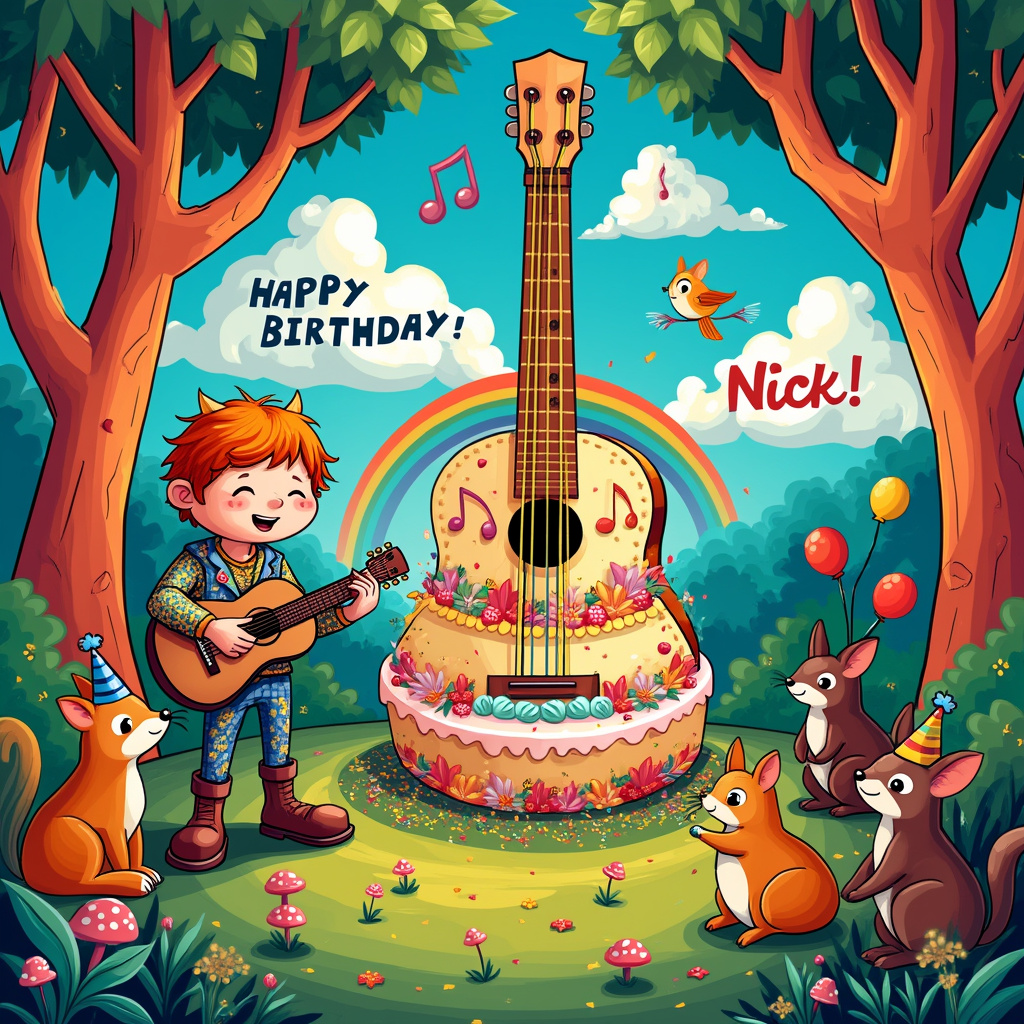 The scene depicts a vibrant, whimsical birthday party in a lush, fantastical forest. The main attraction is a giant, intricately decorated birthday cake that is shaped like a guitar, a nod to Ed Sheeran's musical prowess. The guitar cake is adorned with edible musical notes and has strings made of licorice. Above the cake, a large, colorful banner reads "Happy Birthday, Nick!" in playful, curly letters. 

To the left of the cake stands a cartoonish version of Ed Sheeran, complete with his signature red hair and a quirky smile. He's strumming an acoustic guitar and singing, with little musical notes floating around him. Ed is dressed in a whimsical outfit, with a brightly patterned shirt and oversized shoes, reminiscent of a jester's attire but modernized.

Around Ed and the cake, a group of anthropomorphic animals is gathered. There are foxes wearing party hats, rabbits holding balloons, and squirrels juggling tiny presents. Each animal is designed with intricate line work, inspired by Patrick Seymour's detailed illustrations.

In the background, large, stylized trees with geometric patterns on their trunks reach up to the sky. The leaves are in bold, contrasting colors, a nod to Orlando Arocena's vibrant color palette. Among the branches, birds sing along with Ed Sheeran, their beaks open in song, and their feathers meticulously detailed.

The sky above is a bright, gradient blue, with fluffy clouds that spell out "Nick" in a playful, puffy font. A rainbow arches across the scene, its colors popping vividly against the blue sky. 

Scattered throughout the ground are confetti and small, whimsical details like tiny mushrooms with faces and flowers with smiling petals, drawing inspiration from Geo Law's playful illustrations. 

Overall, the scene is a joyful, colorful celebration, packed with delightful details that make it a feast for the eyes. The incorporation of Ed Sheeran and the personalized elements for Nick make it a unique and memorable birthday card.
Generated with these themes: Ed Sheeran.
Made with ❤️ by AI.