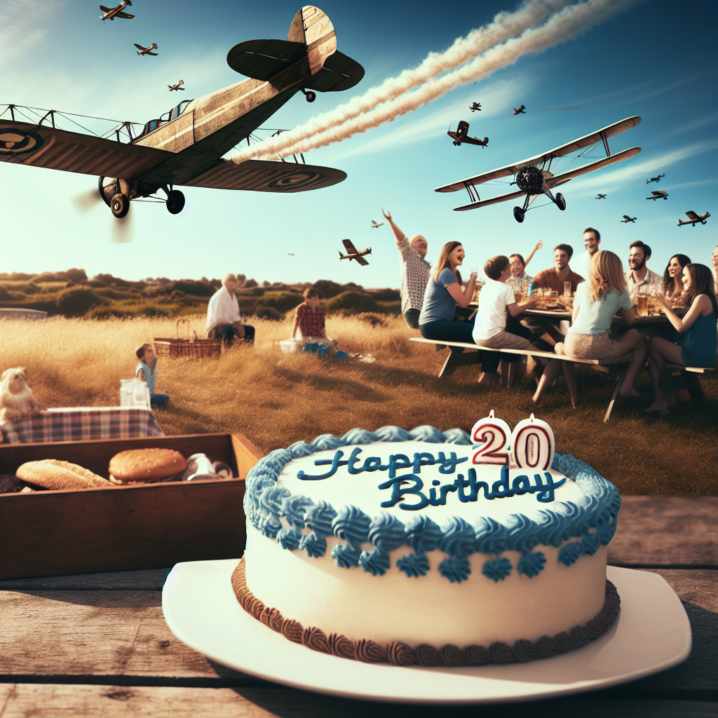 A quaint image shows a vintage airplane skywriting 'Happy 20th Son' in a clear blue sky. Beneath, a stylized depiction of a family celebration unfolds, with the words 'Happy Birthday' stylishly incorporated into the frosted landscape of the birthday cake seated on a picnic table.
Generated with these themes: happy 20th  son.
Made with ❤️ by AI.
