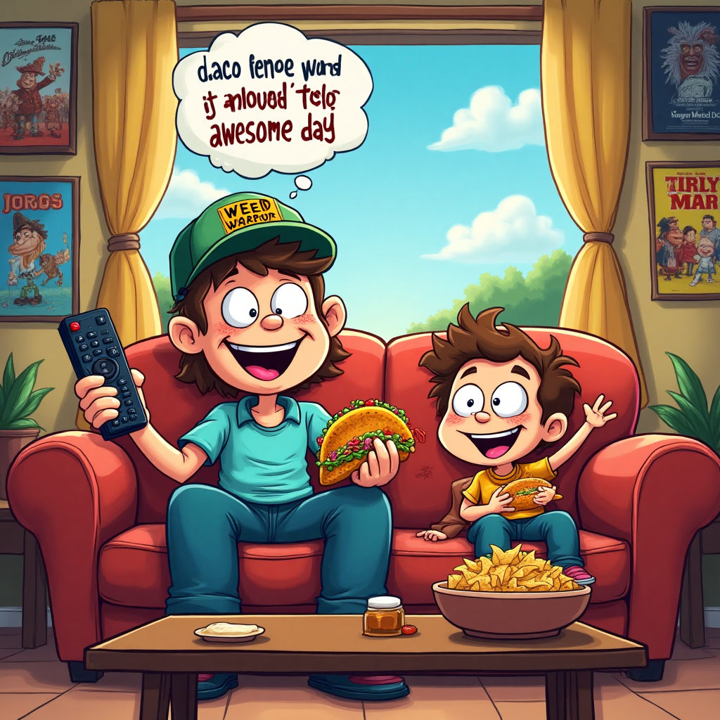 At the top of the Cartoon Style image, "Happy Father’s Day"

---

Imagine a whimsical, cartoon-style scene where a father and child, both with exaggerated features and big, friendly smiles, are lounging on a comfy couch. The father is wearing a cap that humorously reads "Weed Warrior," while holding a remote control in one hand and a taco brimming with colorful toppings in the other. The child, equally enthusiastic, is munching on a taco with a content expression. Surrounding them is a collection of iconic movie posters and a bowl of nachos resting on the coffee table in front of them.

In the background, a window shows a sunny day with a clear blue sky, emphasizing the cheerful mood. The room is vibrant, with bright colors and thick outlines to emphasize the cartoonish style. A speech bubble from the father reads, "Taco 'bout a reel-y awesome day!"
Generated with these themes: Weed tacos movies, and .
Made with ❤️ by AI.