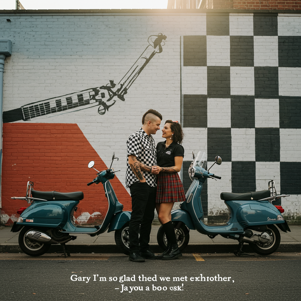 At the bottom of the Photorealistic picture taken from a camera image, include the text: "Gary I'm so glad we met each other."

---

Picture a sun-drenched scene in an urban landscape where two vintage scooters are parked side by side, their glossy, chromatic finishes reflecting the vibrant surroundings. A couple, both wearing classic ska skinhead attire, stand close to each other, exuding a blend of romance and nostalgia. The man, with his cropped hair and checkered shirt, gazes affectionately at his partner, while she, in her plaid skirt and polished Dr. Martens, leans towards him with a warm smile.

In the background, a mural of a two-tone checkered pattern typical of the ska scene adds an artistic touch, playing with contrasts and highlighting the couple's vibrant connection. The sun casts a gentle glow, creating soft shadows and a magical atmosphere of intimacy. The overall image, with its ultra-high-definition quality, captures the genuine emotion and timeless style of a romantic thank-you moment.
Generated with these themes: Ska skinhead scooter, and .
Made with ❤️ by AI.