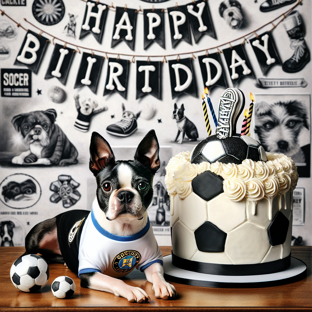 Visualize a comforting scene imbued with the essence of realism, capturing a live Boston terrier in the heart of a birthday celebration. The terrier is impeccably groomed, sporting a soccer jersey, and lounges directly beside a black and white soccer ball. Above the scene, a handmade banner dances in the air, its letters spelling 'Happy Birthday' in a bold rock font, each letter emblazoned onto a background inspired by iconic rock album covers. The sweet scent of vanilla is brought to life by an enticing cake nearby. This cake is a work of art, adorned with delicious designs of Boston terriers, soccer cleats, and tasteful tributes to classic rock art. The perfect blend of the birthday theme and personal passions is expressed in this scene.
Generated with these themes: Boston terrier , Soccer, and Metallica.
Made with ❤️ by AI.