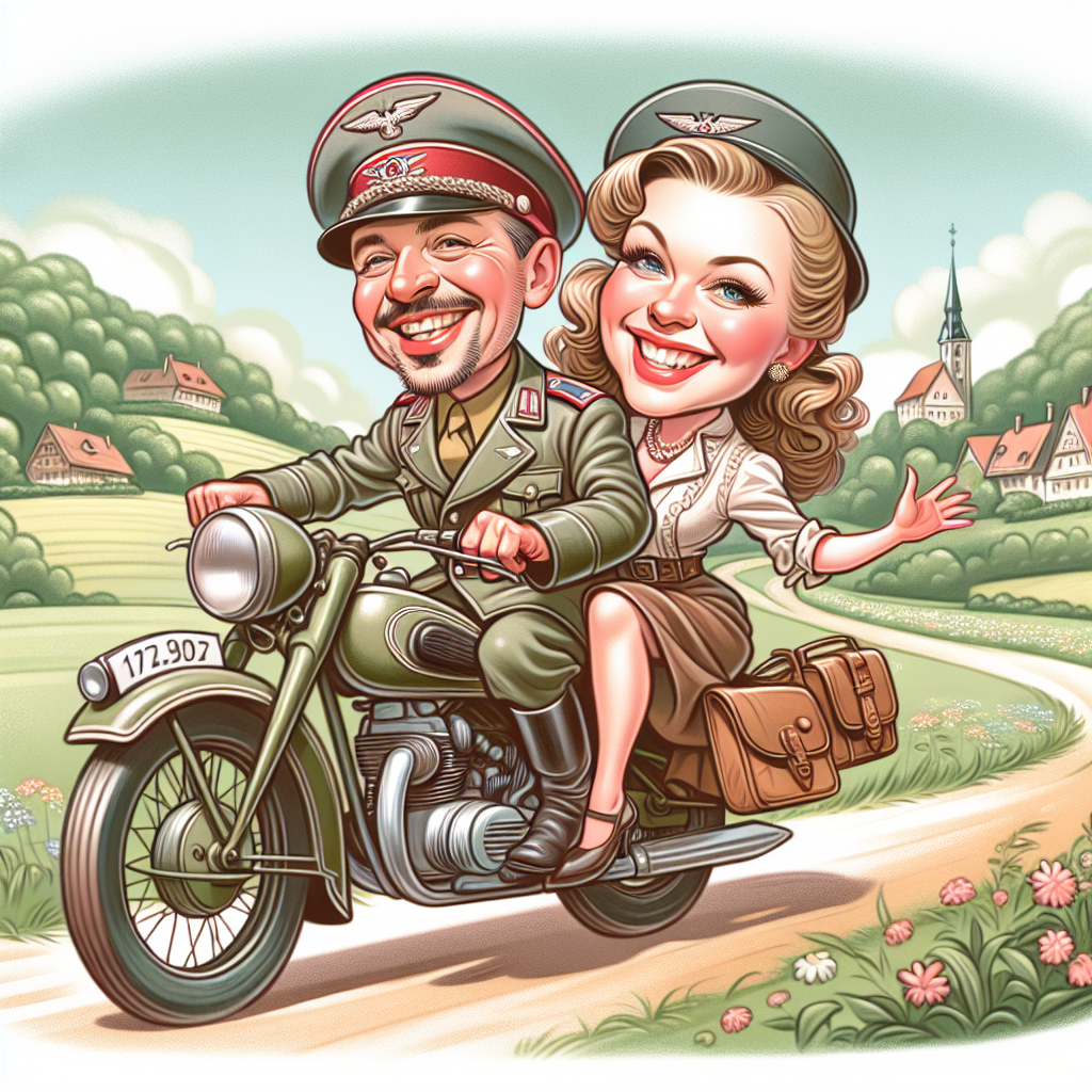 Generate a whimsical, vintage-themed image drawn in a caricature-like style, harking back to the World War II era. The illustration showcases a lovable couple with European descent - a man and a woman, outfitted in delightful military uniforms of the time period, cheerily zipping through a tranquil countryside on classic motorbikes of that era. The scene is represented in soft, pastel colors and with curvaceous, appealing forms that add romance and nostalgia to the historical setting.
Generated with these themes: World War II, motorbikes.
Made with ❤️ by AI.