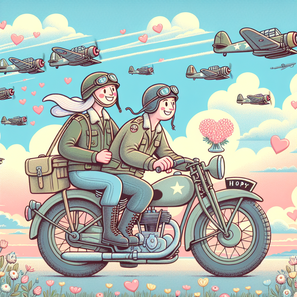 Depict an illustrative pastel-colored landscape inspired by World War II replete with period-centric elements such as classic, retro-styled army motorbikes and planes flying in formation in the sky. In the foreground, show a Caucasian male and a Middle-Eastern female pair as whimsical, cartoonish characters celebrating their anniversary by riding motorbikes with helmets and goggles. The pair should emit an aura of joy, love, and contentment. The sky above them is full of hearts, symbolizing their love. Even though the scene is cartoonish, pay attention to historical details to add authenticity to the depiction.
Generated with these themes: World War II, motorbikes.
Made with ❤️ by AI.
