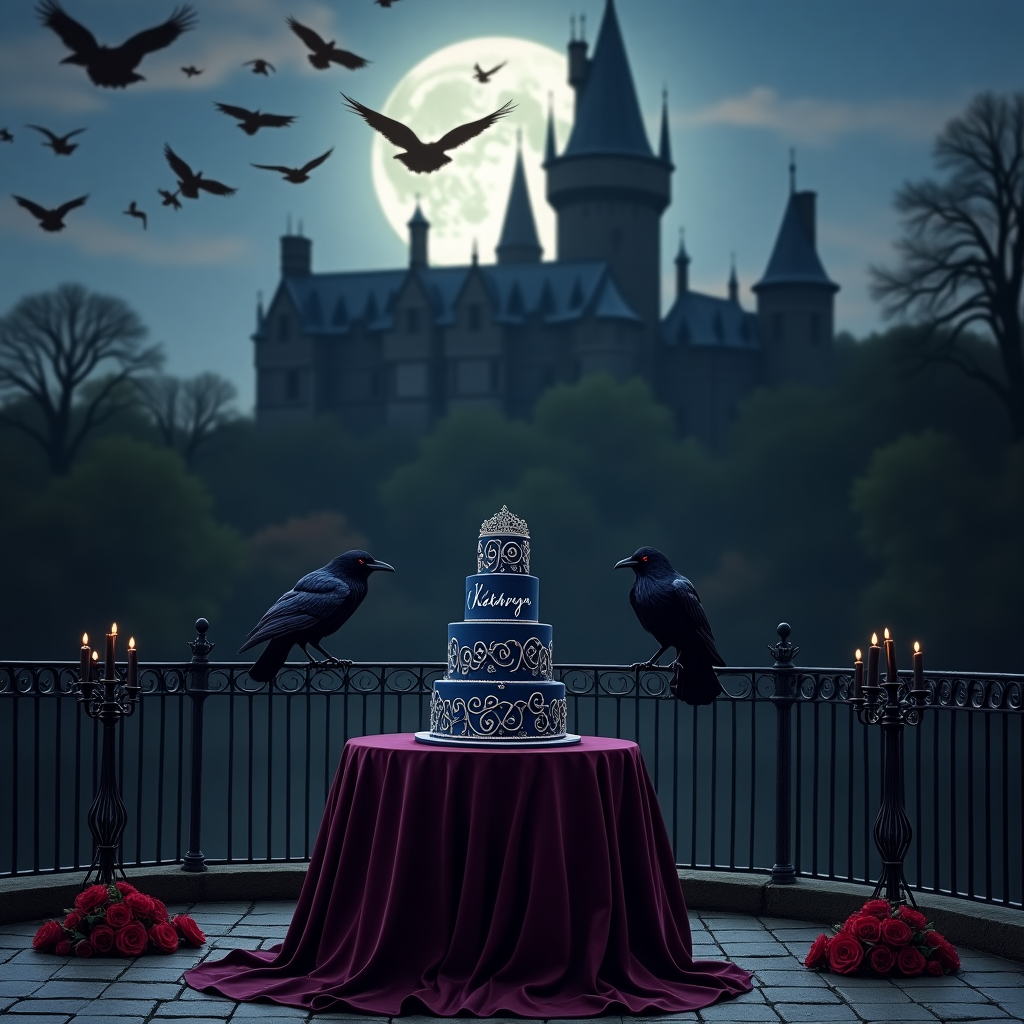 Front and center, a majestic, dark, Gothic castle stands silhouetted against a twilight sky, its spires and turrets outlined by the faint glow of a full moon peeking through a gauzy veil of clouds. In the foreground, two elegant ravens, as black as obsidian, are perched atop a wrought-iron fence that encircles a small cobblestone courtyard. Their feathers glisten with an iridescent sheen under the moonlight, with delicate hints of violet and blue.

Beneath their perches, a circular table is draped in an elegant, deep burgundy velvet cloth. Upon it sits a three-tiered cake, frosted with smooth midnight blue icing. Silver filigree details swirl delicately over its surface, resembling a delicate spider's web. A silver cake topper in the shape of entwined raven silhouettes crowns the top tier.

Scattered around the base of the cake are dark red roses with velvety petals, accompanied by gothic-styled candelabras holding flickering black candles, casting long, eerie shadows that dance across the courtyard stones.

Floating in the sky, just above the castle, a flock of smaller ravens forms a natural arch. Among them, in elegant silver script, the name "Kathryn" appears to shimmer as if woven into the very fabric of the night sky itself.

The entire scene is bathed in the silvery light of the moon, creating a contrast that highlights every intricate detail, from the texture of the cobblestones to the delicate etchings on the raven's feathers.
Generated with these themes: Goth ravens.
Made with ❤️ by AI.