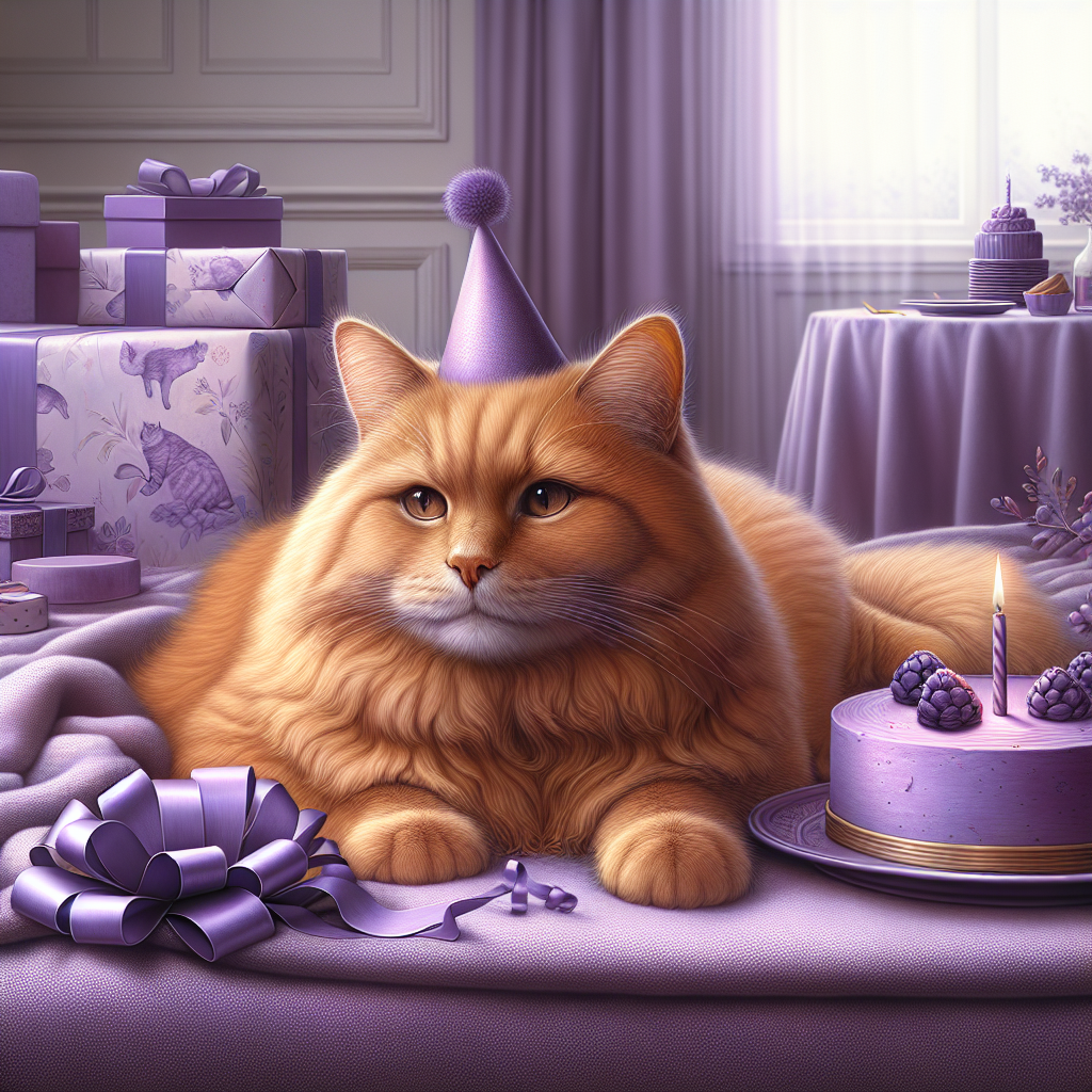 Depict a serene scene focusing on an realistically rendered, ginger cat, with an almost touchable fur texture, lying comfortably in a room filled with hues of purple. The cat wears a birthday hat and a purple ribbon adding a playful touch. Subtle birthday motifs decorate the surroundings, with splashes of purple within the design of wrapping paper, party plates, and a tastefully straightforward birthday cake, reinforcing the celebratory theme in an understated way.
Generated with these themes: Ginger cat, and Purple.
Made with ❤️ by AI.