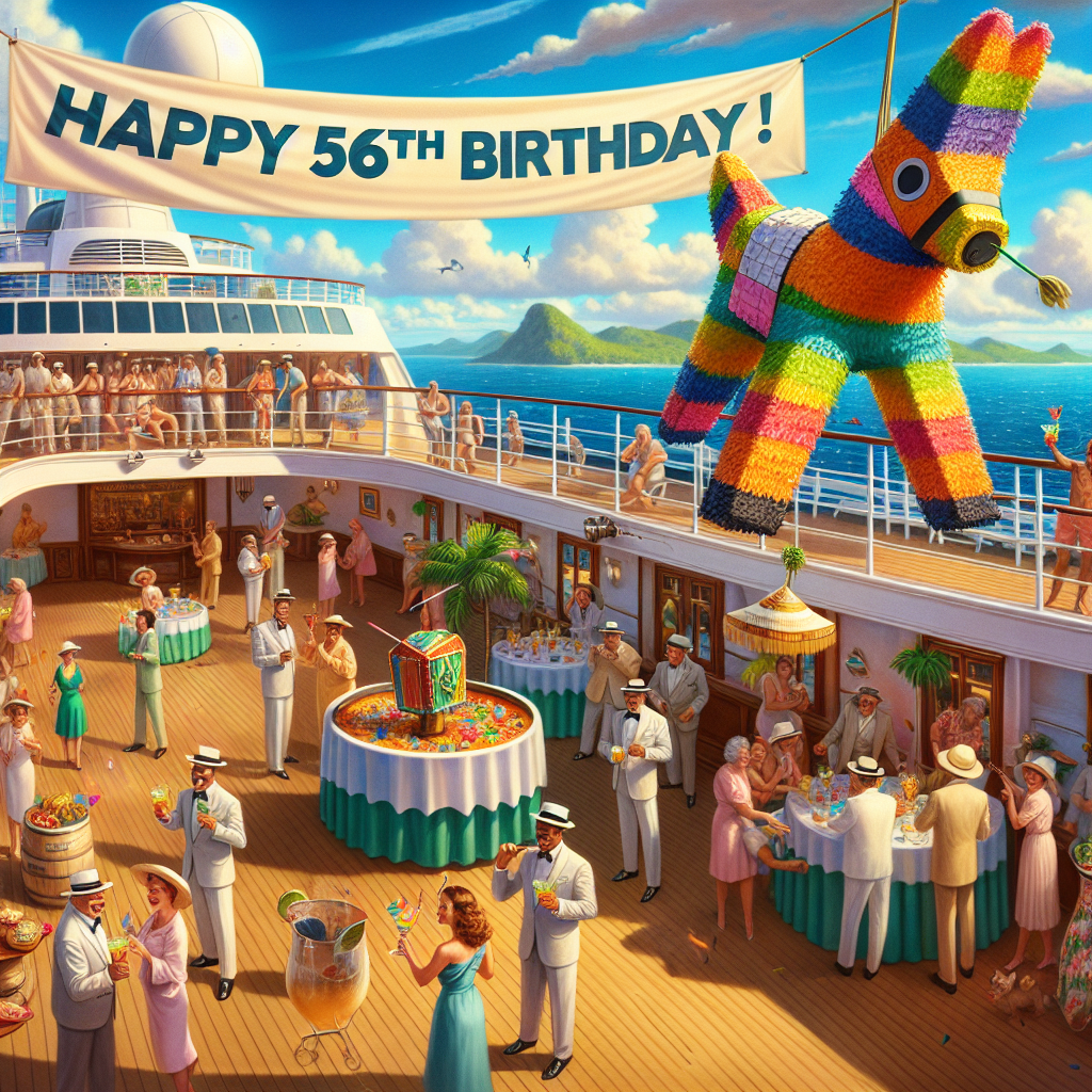 Imagine a sun-soaked deck of a grand cruise ship, with the endless horizon of the sea in the backdrop. A lively birthday celebration is happening; a large banner displaying 'Happy 56th Birthday!' is the centerpiece of attention. In the midst of joy and laughter, an oversized piñata shaped like a cocktail glass hovers playfully from above, ready to be hit. Party guests of various genders and descents, holding tropical drinks, are seen socializing; their drinks are complemented by quaint tiny umbrellas fitting the tropical cruise theme. Melodious tunes from a calypso band fill the air, bringing a cheerful ambience to the scene.
Generated with these themes: CRUISE HOLIDAY DRINK 56TH.
Made with ❤️ by AI.