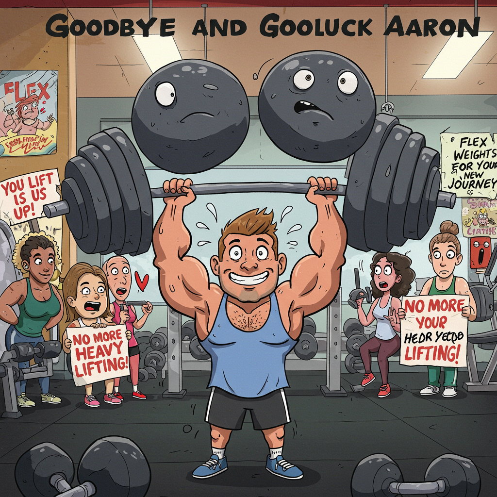 At the top of the Cartoon Style image, include the text: "Goodbye and Good luck Aaron".

**Image Description:**

Imagine a whimsical cartoon gym scene with exaggerated proportions and vibrant colors. In the foreground, a muscular cartoon character, Aaron, is comically lifting an enormous set of weights. The weights are so heavy that they're bending and bulging under the pressure, almost touching the ground. Aaron is grinning cheekily, beads of sweat exaggeratedly flying off his brow. 

Around him, other gym-goers are watching in amazement, their eyes comically wide and jaws dropped to the floor. Some are holding signs that say "You lift us up!" and "No more heavy lifting!" in bold, playful fonts.

In the background, there are cartoonish dumbbells and exercise machines that look almost alive, with faces showing expressions of surprise and admiration. The gym walls are decorated with colorful posters that say things like "Flex those farewells!" and "Weights for your new journey!"

The overall scene is energetic, playful, and filled with exaggerated expressions to add to the humor.
Generated with these themes: Weights, and .
Made with ❤️ by AI.
