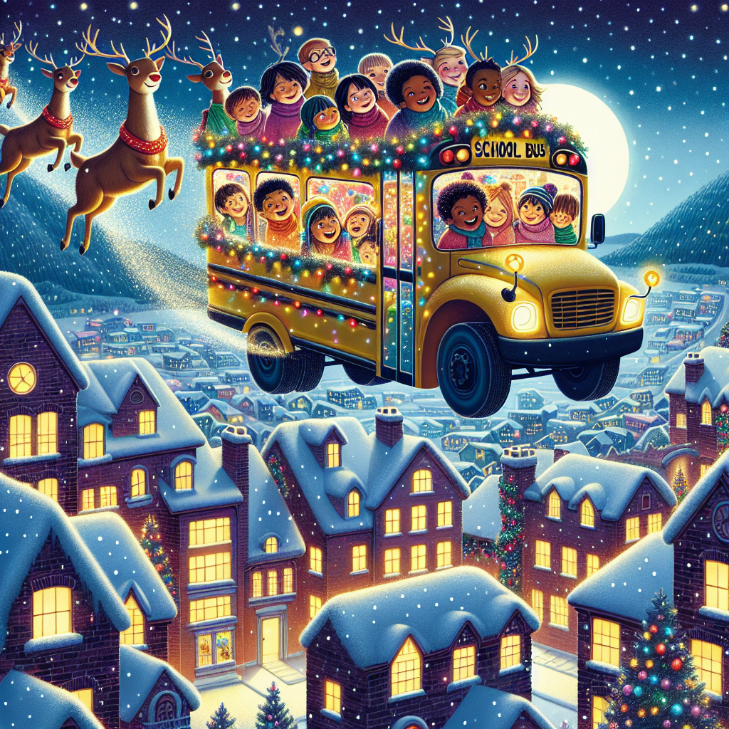 An enchanting Christmas illustration depicts a magical school bus transformed into a reindeer-drawn sleigh flying above a sleepy town. Delighted children peer out the windows, their faces aglow with the reflection of the Christmas lights below. The town is adorned with festive decorations, and a gentle snowfall suggests the quiet joy of the holiday season, creating a heartwarming design for a school Christmas card.
Generated with these themes: create a christmas card for children in a school.
Made with ❤️ by AI.
