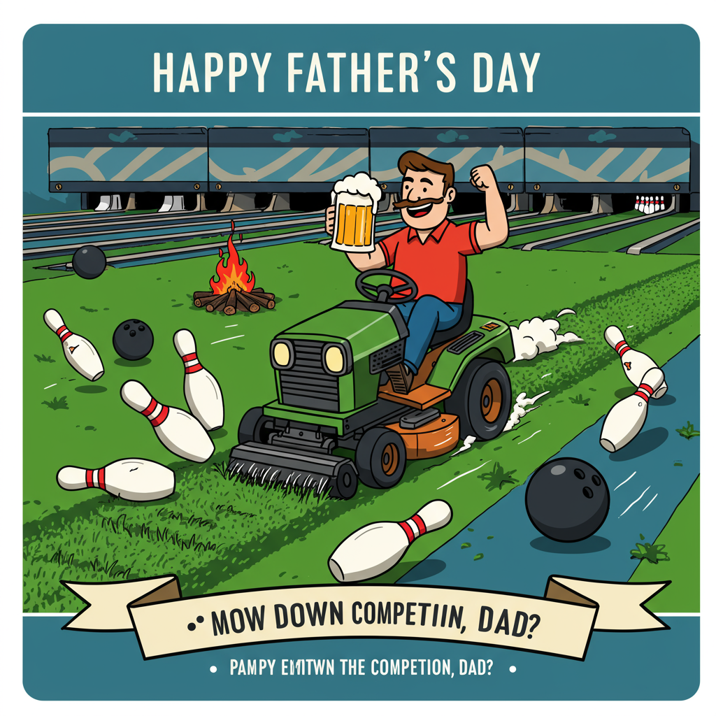 At the top of the Vector Style image, include the text "Happy Father’s Day".

---

Imagine a whimsical and humorous scene in a bright, clean vector style. The focal point is a dad with a playful grin, sitting on a ride-on mower. But instead of mowing a lawn, he's cruising over a lane of a bowling alley, leaving a trail of neatly mowed grass among the bowling pins. 

Behind him, a small bonfire flickers gently on the grass in the distance, adding a touch of warmth and humor to the scene. In one hand, the dad holds a frothy mug of beer triumphantly aloft as if toasting to the great strike he's about to achieve.

The bowling pins are cartoonishly shocked, some tumbling over and others trying to dodge the approaching mower. The whole scene is wrapped in a playful, dynamic composition with bold, solid color blocks and minimal details.

For a cheeky touch, add a banner across the bottom with the text, "Mow Down the Competition, Dad!"
Generated with these themes: Bonfires, Ride-on mower, Bowling, Beer, and .
Made with ❤️ by AI.