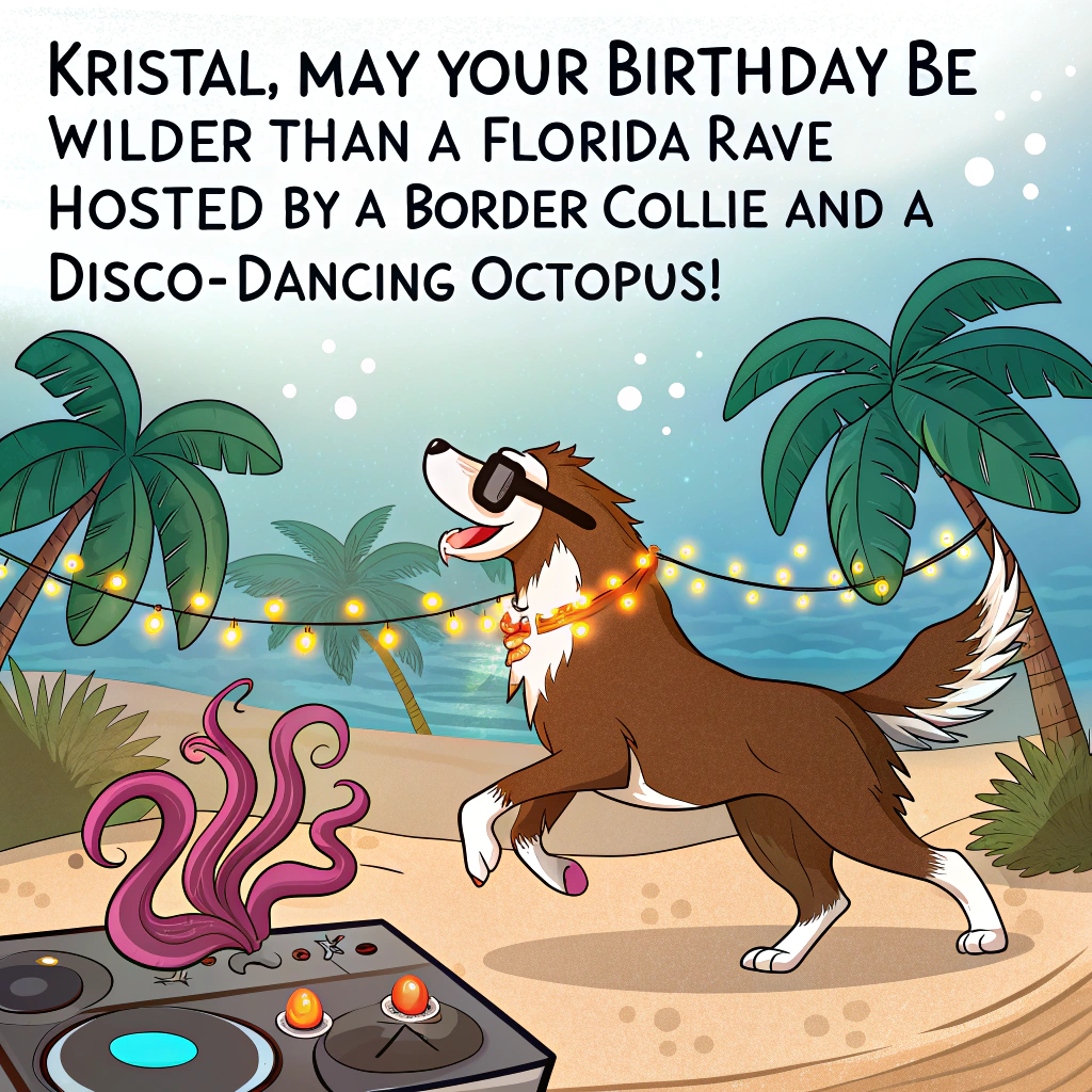 At the top of the image, "Kristal, may your birthday be wilder than a Florida rave hosted by a border collie and a disco-dancing octopus!"

- In the center of the illustration, depict a hilarious scene: A chestnut horse wearing glowsticks around its neck and hooves, striking a funky pose on a sandy Florida beach-turned-dancefloor under palm trees wrapped in fairy lights. A Border Collie is spinning DJ decks made out of seashells, tongue out and wearing LED sunglasses. An octopus in the background has headphones on each tentacle and is juggling pineapples.

- On the left side, a vibrant red-haired girl wearing rave goggles and a monstera-leaf tutu is boogying barefoot on a plant-covered sand stage, with vines dangling from tiki torches.

- Add various tropical plants grooving along, including one potted fern doing the worm and a cactus wearing a party hat holding glowsticks.

- The scene should be vibrant, colorful, and full of joyful motion — the ultimate plant-rave animal birthday bash for Kristal!
Generated with these themes: Border collie, Chestnut horse, Florida, Octopus, Rave , Plants , Girl with red hair , and .
Made with ❤️ by AI.