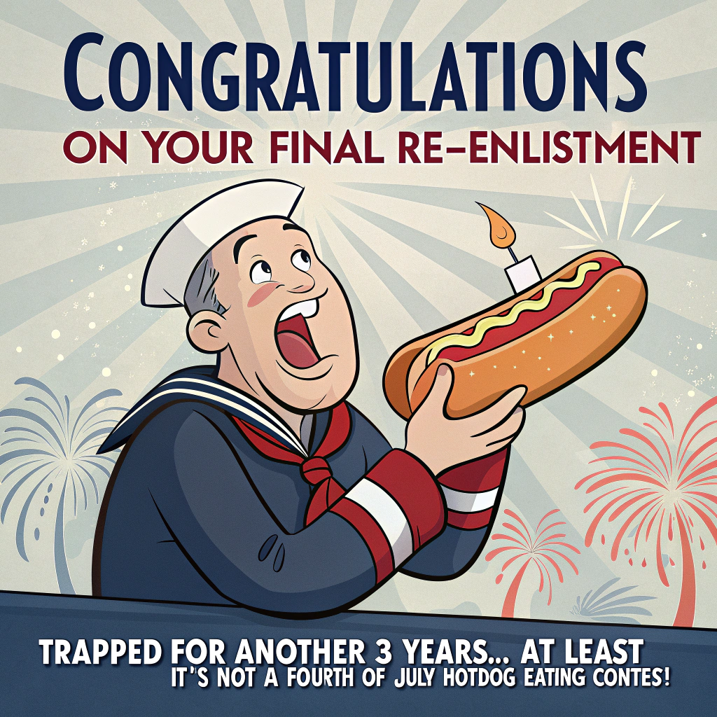 Navy, Re-enlistment, trapped for another three years, 4th of July, and Congratulations Card