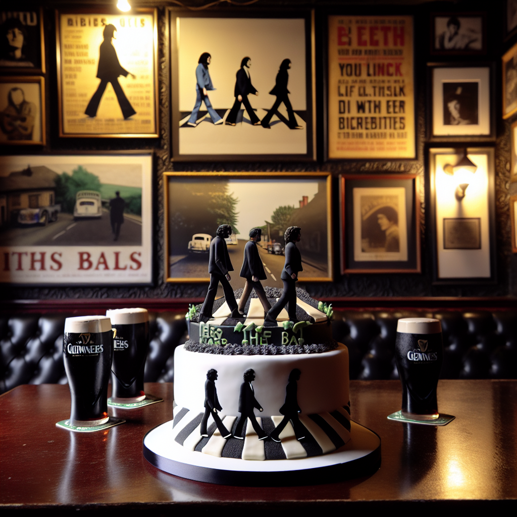 A solemn picture depicts an intimate birthday celebration taking place inside a traditional pub. Its walls are decorated with old music band posters. A centerpiece cake takes the stage, gracefully bearing the silhouette of a few iconic musicians crossing a road, which is reminiscent of a famous album cover. Surrounding the cake are pint glasses filled with dark, foamy stout beer, paying tribute to Irish heritage and tradition. The overall ambiance of the scene suggests a contemplative celebration of a life full of musical enthusiasm and cultural heritage.
Generated with these themes: The Beatles, Guinness , and Irish.
Made with ❤️ by AI.