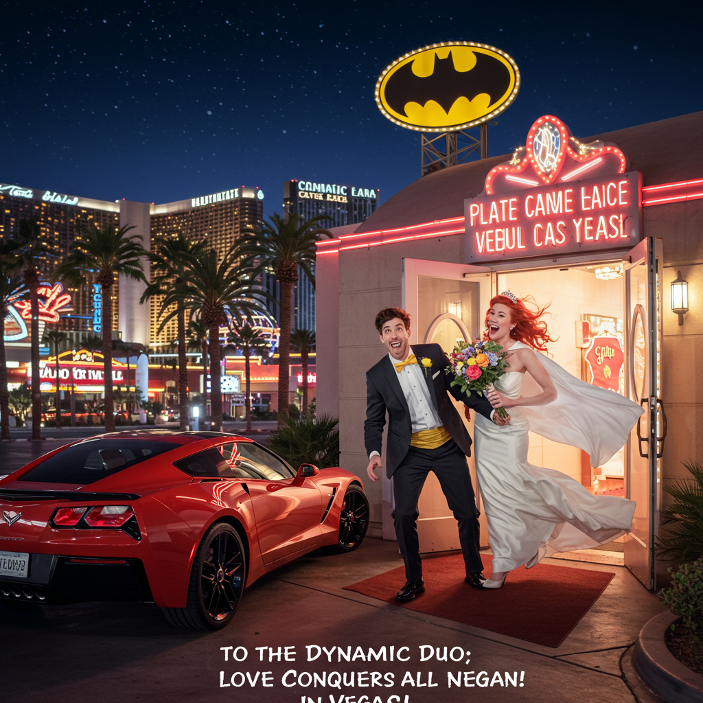 **Image Prompt:**

A lively and humorous scene unfolds on the bustling streets of Las Vegas. In the foreground, a bright red Corvette is parked haphazardly outside a quirky, neon-lit wedding chapel. The doors of the chapel swing open dramatically, revealing a newlywed couple in a playful embrace.

The groom, a brown-haired man, is decked out in a flashy tuxedo with a bright yellow bowtie, his hair slightly tousled and a mischievous grin on his face. The bride, a vibrant red-haired woman, is wearing a unique wedding dress that has a subtle cape flowing behind her, giving a nod to superhero flair. She looks radiant, with a playful twinkle in her eye and a bouquet that seems to have a mind of its own, with flowers popping out in exaggerated fashion.

Above them, a whimsical take on the Batman logo illuminates the sky, symbolizing their super-powered union. In the background, the Las Vegas skyline twinkles with life, adding to the enchanting atmosphere.

**Text Caption:**

"To the Dynamic Duo: Love Conquers All in Vegas!"
Generated with these themes: Vegas, brown haired man, red hair woman, corvette, batman, and .
Made with ❤️ by AI.