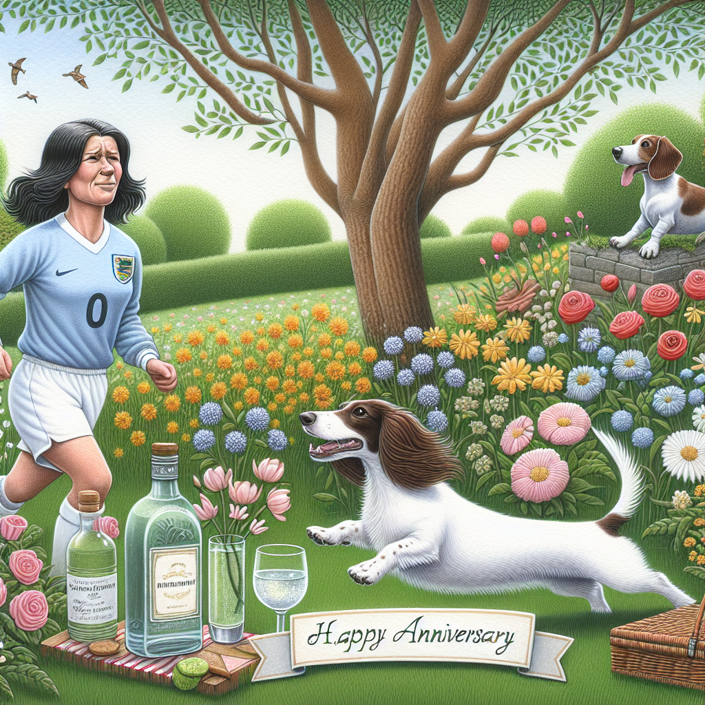 Dachshund, Springer spaniel, Lucy Bronze, and Gin Anniversary Card