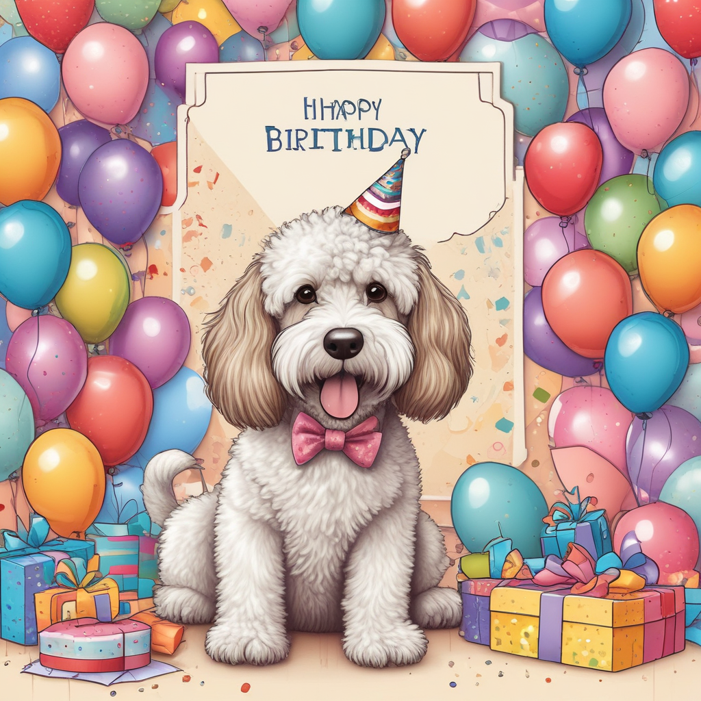 Illustration Cute, Design an image of a joyful birthday scenario featuring a whimsically illustrated cockapoo wearing a party hat. The dog's fur exhibits subtle marks similar to those seen in a stamp collection. The backdrop involves a festive collection of balloons along with a greeting banner that reads 'Happy Birthday!', all encircled with decorations related to stamps. An offside low table, draped with a cloth resembling the pattern of a stamp album, holds a birthday cake topped with a small figurine resembling a cockapoo and a commemorative postage stamp.
Generated with these themes: Stamp collecting, and Cockapoo.
Made with ❤️ by AI.