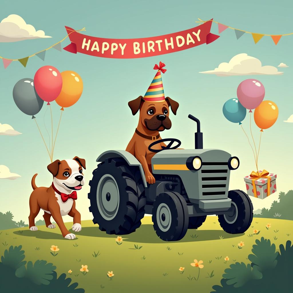 A cheerful cartoon scene unfolds with a brown Boxer dog at the helm of a matte grey tractor, oversized and rounded to enhance its cartoonish appeal. The tractor, marked by pronounced black tires and simplistic, bold outlines, trundles along a green, rolling hill dotted with small yellow flowers. Atop the tractor, the brown Boxer wears a comical party hat striped with vibrant shades of blue and yellow, the hat's ribbon fluttering in the breeze. A white Boxer dog, adorned with a red bow tie, and an English Bulldog characterized by its stout brown body and distinct white head, complete with perky ears, trot alongside the tractor. Each animal carries a small, colorful wrapped present in their mouths. Balloons in various shades of pink, blue, green, and orange float in the sunny sky, with fluffy white clouds softly framing the top of the scene. A banner draped across the top corner reads 'Happy Birthday' in playful, multicolored letters, adding to the festive ambiance of the cartoon birthday scene.
Generated with these themes: Brown Boxer driving a grey tractor , White Boxer, and English Bulldog brown body white head.
Made with ❤️ by AI.