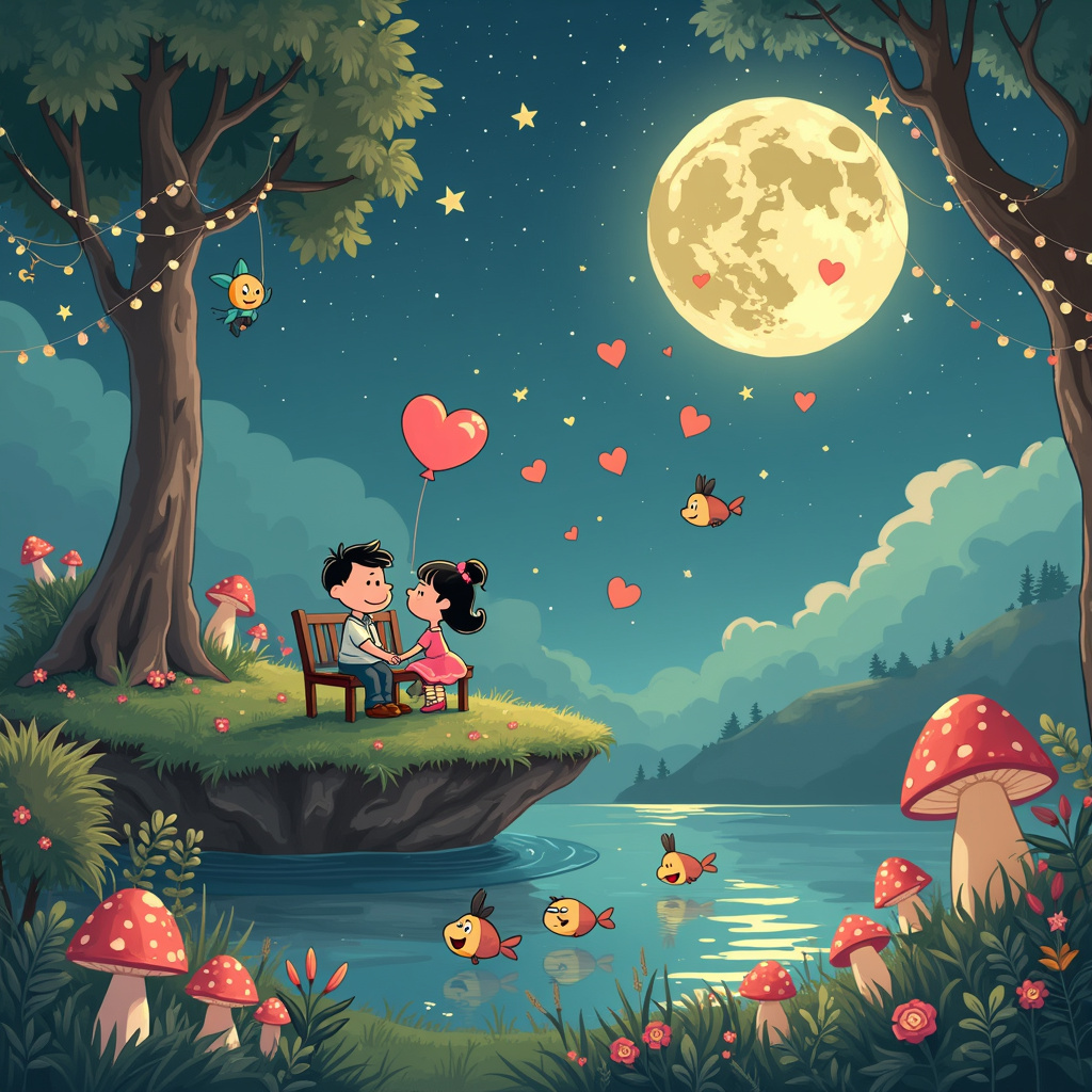 Certainly! Here’s a detailed scene for the anniversary greetings card:

**Scene Description:**

The scene is set on a tranquil, heart-shaped island floating in a night sky full of twinkling stars. The island itself is lush and green, with soft grass and a scattering of colorful flowers. In the center of the island stands a quaint little wooden bench, painted in pastel shades of pink and blue. Sitting on the bench are a loving cartoon couple, the husband, and wife. They are drawn in a style reminiscent of Charles Schulz's Peanuts, with exaggerated, expressive faces. The husband has a goofy, endearing smile, while the wife, with her bright eyes and blushing cheeks, looks lovingly at him. They are holding hands, and a large, shiny heart-shaped balloon floats above them, tied to the bench's armrest.

In the sky above them, a massive, glowing moon dominates the scene, but it's no ordinary moon. Inspired by Winsor McCay’s Little Nemo in Slumberland, the moon has a friendly, winking face and appears to be sprinkling tiny, glowing heart-shaped stars down onto the couple. The stars are varied in size and shimmer with a soft, magical light. Off to the side, a mischievous, fairy-like creature – reminiscent of Bill Watterson's Hobbes – flies around with a tiny paintbrush, adding a touch of color to the stars and sky.

At the edge of the heart-shaped island, there is a small, enchanted pond. The water is crystal clear, with animated fish that have comically exaggerated, expressive faces like those from Walt Disney’s classic cartoons. They are leaping out of the water in a playful arc, forming a heart shape with their trajectory. Surrounding the pond are some whimsical mushrooms and plants that look straight out of an Osamu Tezuka manga, with large, round eyes and smiles.

In the foreground, framing the scene, are two large, curving tree branches from which hang strings of twinkling fairy lights and tiny lanterns. The lanterns have intricate designs that mirror Art Spiegelman's detailed style in Maus. One of the branches also holds a swing, on which a cheeky squirrel, inspired by R. Crumb’s underground comix, sits holding a miniature heart-shaped acorn.

Lastly, in the background, the night sky continues to expand with constellations forming various heart shapes. A small comet, designed in the vintage style of Hergé’s Tintin, zooms across the sky, trailing a sparkling ribbon that spells out "Happy Anniversary, My Love" in a whimsical, flowing script.

This scene combines elements from various inspirations to create a rich, detailed, and endearing anniversary card that tells a magical, heartfelt story.
Generated with these themes: happy anniversary wife moon heartshaped nightsky.
Made with ❤️ by AI.