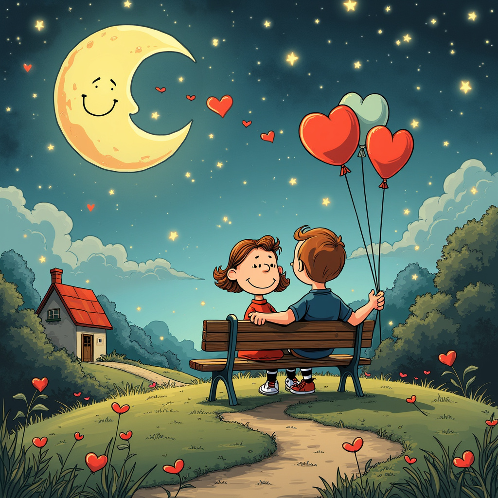 Imagine a whimsical and delightful night-time scene on the front cover of an anniversary greeting card, blending elements from the inspirations mentioned. The setting is a serene, heart-shaped night sky, with stars twinkling like tiny diamonds, a nod to Winsor McCay's dreamy visuals. The moon, cartoonishly oversized and smiling, forms the backdrop. It's adorned with a little heart-shaped crater that winks playfully.

Below the enchanting sky, you see a picturesque, cozy hilltop inspired by Bill Watterson's attention to natural detail. A quaint, wooden park bench sits atop the hill, reminiscent of a Peanuts scene by Charles Schulz, with slightly exaggerated curves and character. 

Seated on the bench is a happy cartoon couple. The husband, who has a goofy but lovable expression, holds a bouquet of heart-shaped balloons. His oversized shoes and exaggerated facial features, similar to Gary Larson’s style, add humor to the scene. His wife, with big, expressive eyes and a classic, timeless dress inspired by Hergé’s clear line style, looks at him with affectionate amusement. 

Behind them, a few Astro Boy-esque fireflies zip around, leaving trails of heart-shaped sparkles. This subtle detail pays homage to Osamu Tezuka. 

In the distance, you can see a little whimsical house with a chimney puffing heart-shaped smoke clouds, channeling the charm of Walt Disney's early animations. A winding path, illuminated by the soft glow of the moon, leads up to the bench, adding depth and a sense of journey to the scene.

Sprinkled around the edges of the card are tiny doodles in the margins, reminiscent of R. Crumb's underground comix - these include miniature hearts, stars, and quirky little notes like "Love You to the Moon!" and "Happy Anniversary!"

This playful, richly detailed scene is designed to tell a story of enduring love under a magical, heart-filled night sky, with each element contributing to a sense of whimsy and celebration.
Generated with these themes: happy anniversary wife moon heartshaped nightsky.
Made with ❤️ by AI.