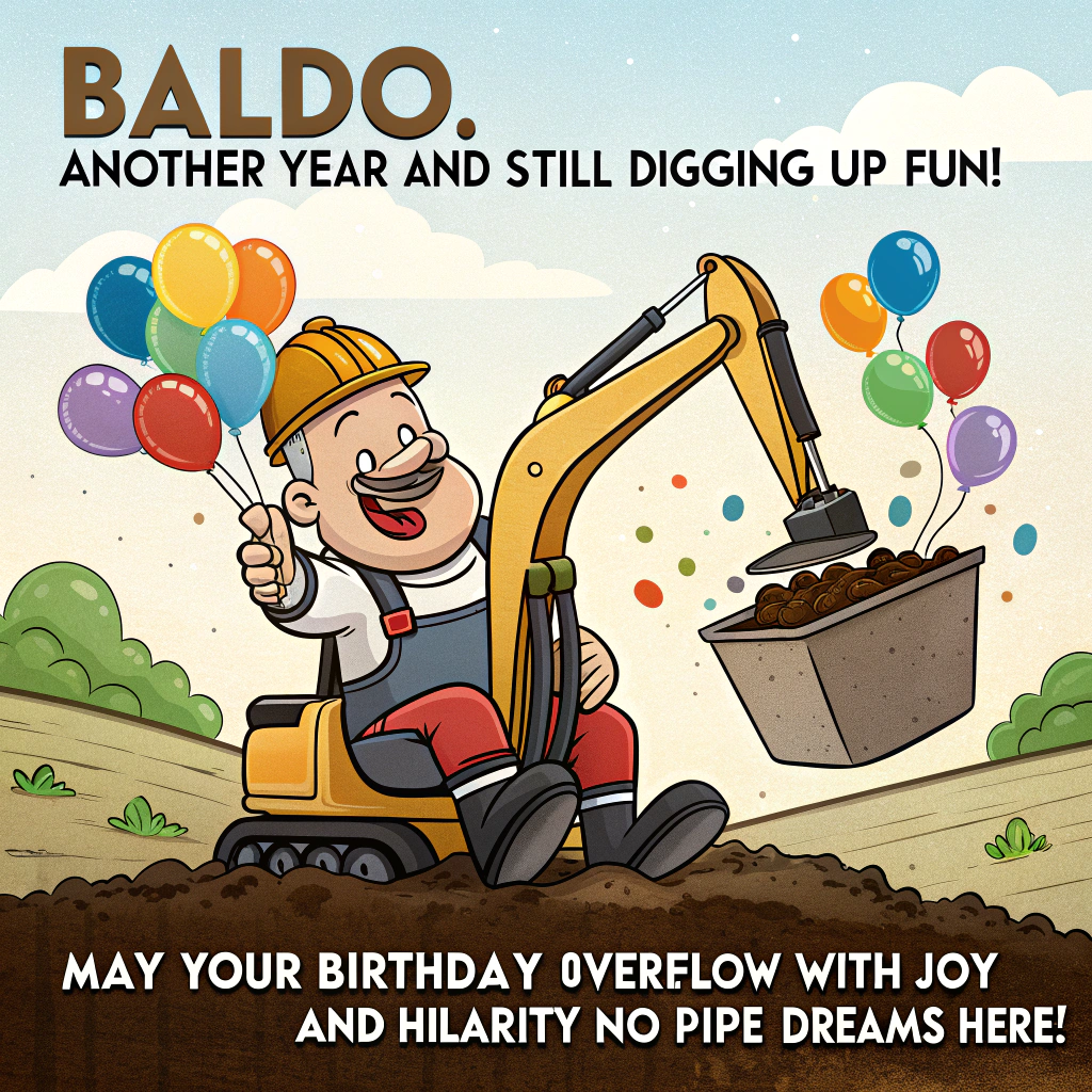 Excavator, sewer and water, laborer laying pipe, and Birthday Card