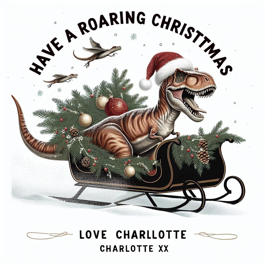 This vector image captures the essence of holiday fun with a T-rex wearing a Santa hat as it joyfully steers a sleigh through a snow-filled scene. The sleigh is decorated with festive garlands and a light dusting of snow. Below the cheerful dinosaur, the message 'Have a roaring Christmas. Love Charlotte xx' is presented in an elegant, heartwarming script.
Generated with these themes: T-rex with a Christmas hat on, riding a sleigh.
Made with ❤️ by AI.