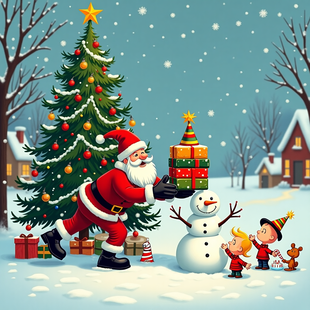 In a whimsical winter wonderland, an unexpected birthday celebration is unfolding amidst a Christmassy backdrop. In the center of the scene, a large, vibrantly decorated Christmas tree stands tall, its branches laden with twinkling multicolored lights, shiny red and gold baubles, and a star perched precariously atop. Below the tree, Santa Claus, sporting his traditional red suit and jolly demeanor, is attempting to balance a stack of brightly wrapped birthday presents. His big black boots leave comical indentations in the thick blanket of snow, and his red hat is tilted slightly as he struggles with the gifts, one of which teeters perilously on the edge. To Santa's right, a snowman with a wide, cheerful grin, button eyes, and a carrot nose, sports a colorful party hat instead of the usual top hat. Its stick arms are raised in a festive manner, holding a noisemaker in one hand. Behind the snowman, children resembling the Peanuts gang are having a playful snowball fight, with Charlie Brown inadvertently pelting a snow-covered Linus, who holds a small birthday cake adorned with candles. Nearby, a curious squirrel peeks from behind the tree, holding a miniature candy cane. Snow gently falls from the sky, covering everything in a soft, magical white layer. In the background, a distant village with cozy little houses can be seen, their windows glowing warmly, as if joining in the celebration of this merry, snowy, birthday extravaganza.
Generated with these themes: Merry Christmas, Happy Birthday, Christmas Tree, Santa, Snow, and Snowman.
Made with ❤️ by AI.