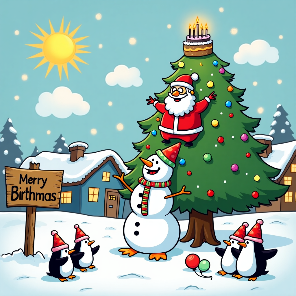 In this whimsical cartoon scene, imagine a bustling Christmas-Birthday hybrid village blanketed with a fluffy layer of snow. At the center stands a towering Christmas tree, festooned with birthday candles instead of traditional baubles, and a star-shaped birthday hat perched at the top. Santa Claus, sporting a Hawaiian shirt over his red suit, is busy trying to balance a giant, polka-dotted birthday cake while attempting to slide down the tree as if it were a chimney. Beside him, a snowman grins broadly, wearing a party horn in his mouth and a string of colorful, oversized beads like a party necklace. On the ground below, a group of playful penguins, wearing Santa hats and holding snowball-shaped balloons, are attempting to sing 'Happy Birthday' in their own chirpy way. To the left, a small wooden sign, whimsically skewed, reads "Merry Birthmas" in bold, curly lettering. The backdrop is a sky full of fluffy cartoon clouds and a bright sun with a Santa hat, shining down warmly, suggesting a blend of seasons. This quirky scene combines elements of all your themes into a playful, visually rich tableau that invites the viewer to explore every humorous detail.
Generated with these themes: Merry Christmas, Happy Birthday, Christmas Tree, Santa, Snow, and Snowman.
Made with ❤️ by AI.