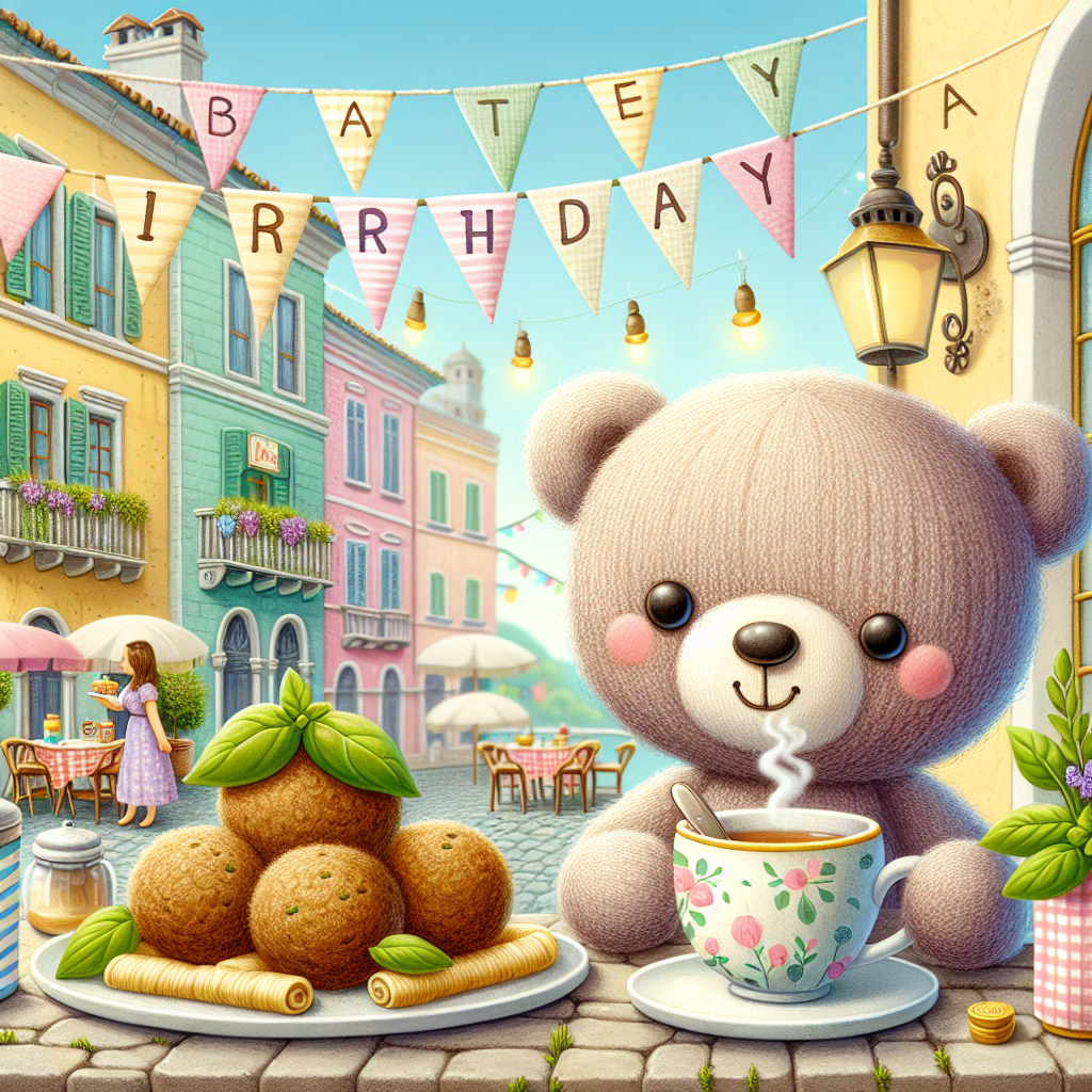 Create a heartwarming birthday-themed illustration showcasing an idyllic scene at a traditional Italian outdoor café. In the foreground, a lovable character with features like button eyes and a soft, woolen texture. This character smiles while holding a steaming cup of tea. The background comprises pastel-colored buildings suggestive of classic Italian architecture, adorned with strings of soft lights, and pennant banners contributing to the festive atmosphere. On the cobblestone table next to the character, is a plate heaped with savoury meatballs, garnished with fresh basil leaves, capturing the spirit of Italian cuisine.
Generated with these themes: Tea, Italy, Temu, and Meatballs.
Made with ❤️ by AI.