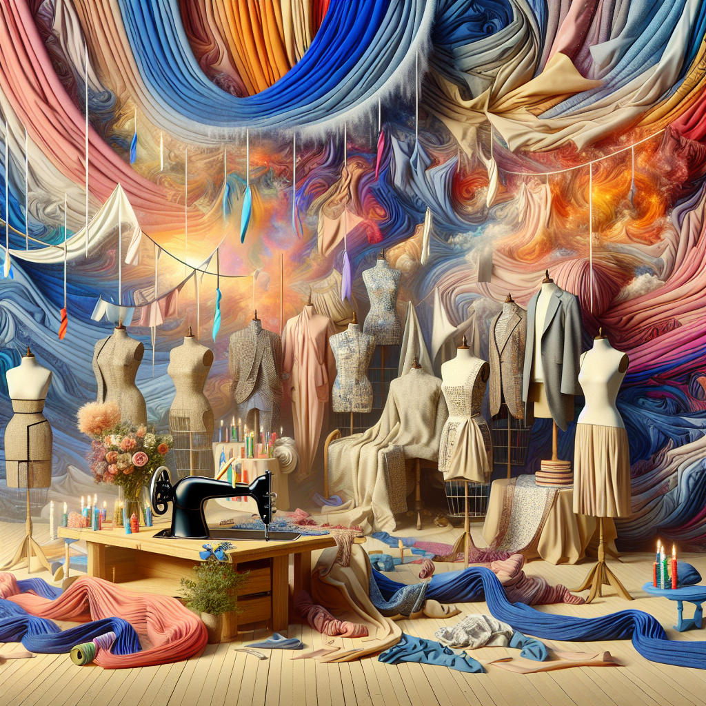 Depict a surreal, abstract scene that is set in a birthday environment. Instead of traditional decorations, this milieu showcases fabrics not just as attire, but as a groundbreaking backdrop. Visualize drapery with an eclectic array of prints, linked together with rugged, unrefined seams that capture the true nature of sewing. There are garments that hang unfinished, as if set aside in the middle of stitching by a preoccupied tailor, combining with the abstract setting. This tableau is a tribute to the artistry of textiles, a celebratory world where strands of imagination get woven into the very location where the birthday celebration transpires.
Generated with these themes: Fabrics and sewing .
Made with ❤️ by AI.