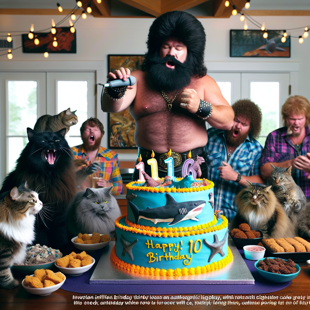Envision an unconventional birthday gathering with an authentic touch, where cats mix and mingle with party attendees, nonchalantly consuming catnip-infused beverages. A gigantic birthday cake commands attention at the snack table, adorned with edible pictures of sharks in action, and crowned with frosting art of a burly, long-haired man, in singer garb, grasping a microphone. Guests revel in infectious laughter while opening mammoth mouthfuls of cake as tunes from a popular 1970s rock artist play, contributing to the light-hearted ambiance that perfectly mirrors the birthday person's peculiar brand of humor.
Generated with these themes: Sharks, Cats, Birthday cake, Alcohol, and The singer Meatloaf.
Made with ❤️ by AI.