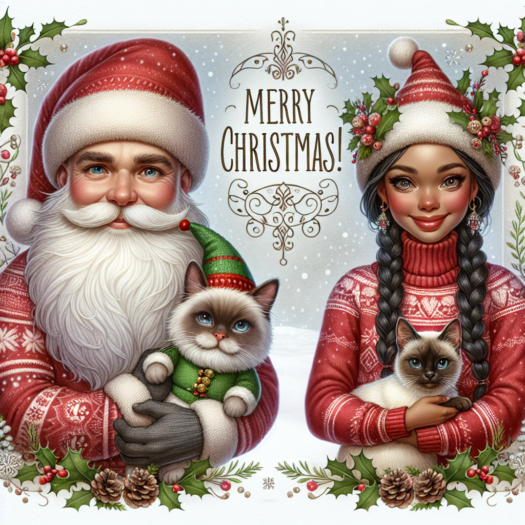 A bald man with a short white beard and a woman with brown hair holding two siamese cats, one of which is slightly grey Christmas Card