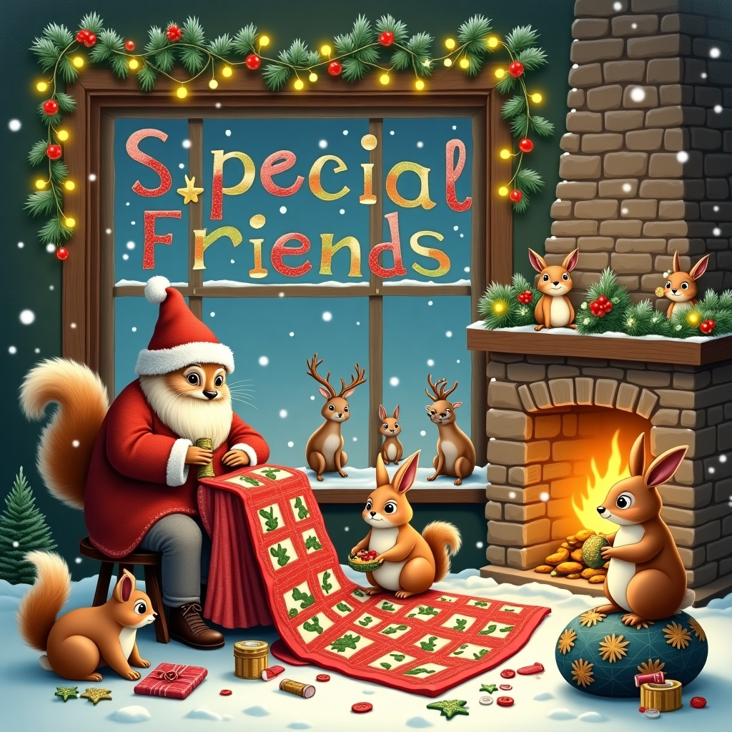 In a cozy, snow-dusted woodland, an enchanting scene unfolds for the Christmas greetings card. A quaint, rustic workshop nestled at the edge of the forest glows warmly through frosted windows, where woodland creatures have gathered for a festive sewing circle. Inside, a wise old owl, perched on a wooden stool, is meticulously sewing with a needle and shimmering gold thread, crafting a beautiful Christmas quilt that displays intricate patterns of holly leaves and snowflakes. Next to the owl, a nimble squirrel holds a spool of crimson thread, its bushy tail flicking with excitement as it assists in stitching the edges. A playful rabbit uses its paws to carefully organize vibrant fabric swatches, while a hedgehog sits atop a pincushion, contentedly selecting colorful buttons shaped like tiny stars and bells. 

Above this bustling scene, a garland of evergreen boughs and twinkling fairy lights adorns the ceiling, spelling out "Special Friends" in charming, hand-stitched letters made of fabric patches, each letter a different festive color. The gentle glow from the fireplace casts a golden hue over the room, highlighting the delicate patterns being sewn. Outside the window, snowflakes twirl gently in the night sky, and a group of deer peer curiously into the workshop, their antlers lightly dusted with snow. The entire setting captures a harmonious blend of nature and craftsmanship, embodying the spirit of Christmas with warmth and a touch of woodland magic.
Generated with these themes: Sewing, Animals, and Christmas.
Made with ❤️ by AI.