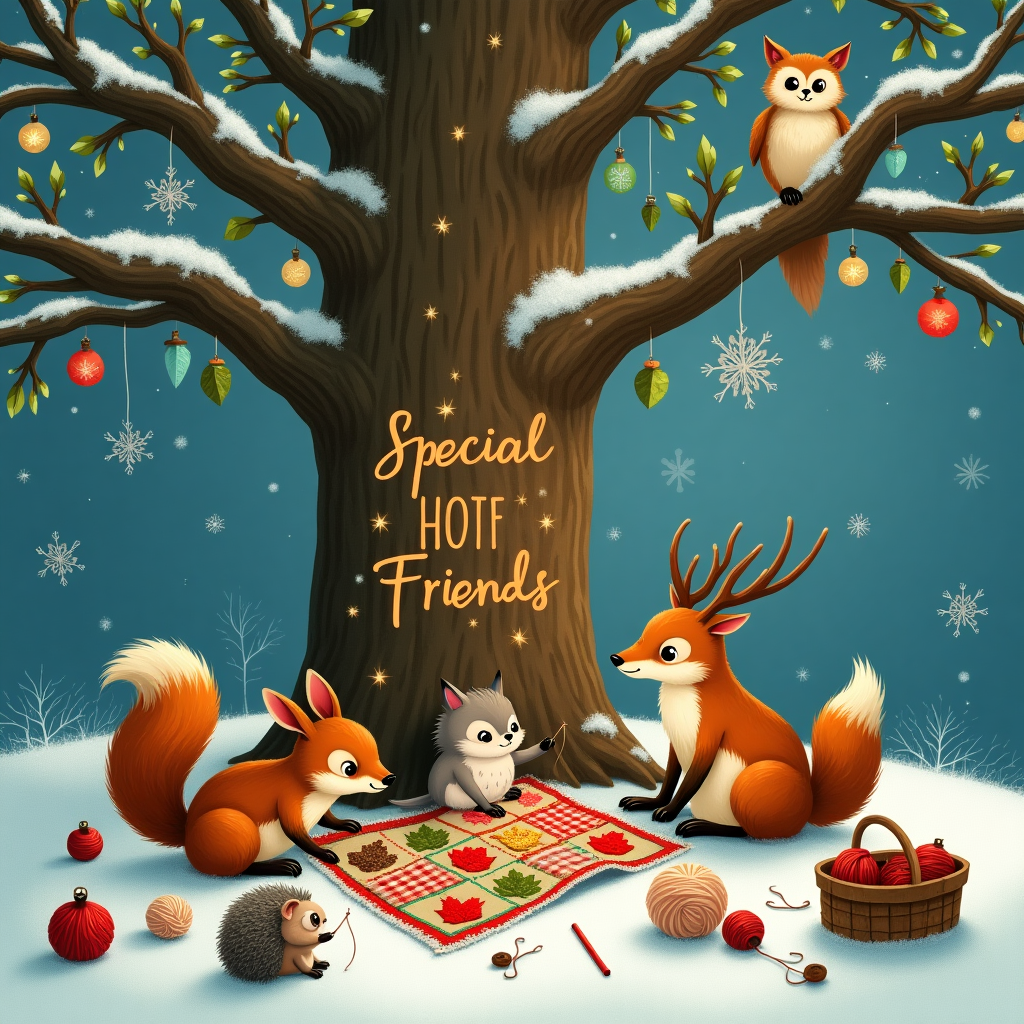 In a cozy woodland clearing, a whimsical scene unfolds under a softly falling blanket of snow, where a grand oak tree stands majestically, its branches adorned with twinkling fairy lights and delicate ornaments fashioned from pinecones and acorns. At the base of this venerable tree, a small group of animals is gathered, each engrossed in a collaborative project of holiday crafting. A wise old owl, perched above, watches over a collection of tiny woodland creatures with interest. A nimble squirrel is perched on its haunches, threading a long needle through a colorful patchwork quilt, carefully crafted from leaves and tiny fabric scraps, each piece uniquely patterned. Beside it, a thoughtful hedgehog tenderly pushes a button into place with its snout, helping to secure the fabric. A deer, with elegant antlers, has its hooves lightly dusted with glittering snowflakes as it delicately places a finished patch into position on the quilt. Around them, bundles of soft yarn, skeins of shimmering thread, and small spools are artfully scattered, hinting at the joyous endeavor they've all embarked upon.

Above the scene, carved into the gently falling snowflakes that seem to hover in the air, is the name of the recipient: "Special Friends". The letters appear as if stitched by a magical hand, glowing warmly against the crisp winter sky. The finished quilt, a masterpiece of woodland artistry, serves as a festive backdrop, where every stitch tells a tale of camaraderie and the beauty of nature’s gifts. Nearby, a charming fox watches over a basket of embroidery tools, its bushy tail swaying lightly, ensuring no detail is overlooked in this harmonious celebration of Christmas creativity, where sewing and the spirit of giving come together in a delightful narrative.
Generated with these themes: Sewing, Animals, and Christmas.
Made with ❤️ by AI.