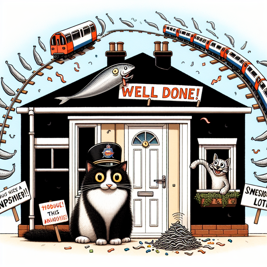 Create a humorous illustration where the centerpiece is a new house, marked prominently with a large football crest on the roof. At the doorstep, there is a chonky black and white cat donning a conductor's hat and holding a sign that proclaims 'Well Done!'. Next to the cat, there is a cleverly arranged small pile of anchovies that mirrors the symbol of a well-known underground transit system. In the backdrop, a whimsical train, representative of the underground transit, encircles the house. This playful train leaves behind it a fun-loving trail of confetti and laughter, representing joyful accomplishment.
Generated with these themes: New home, Arsenal , London Underground , Fat black and white cat , and Anchovies .
Made with ❤️ by AI.